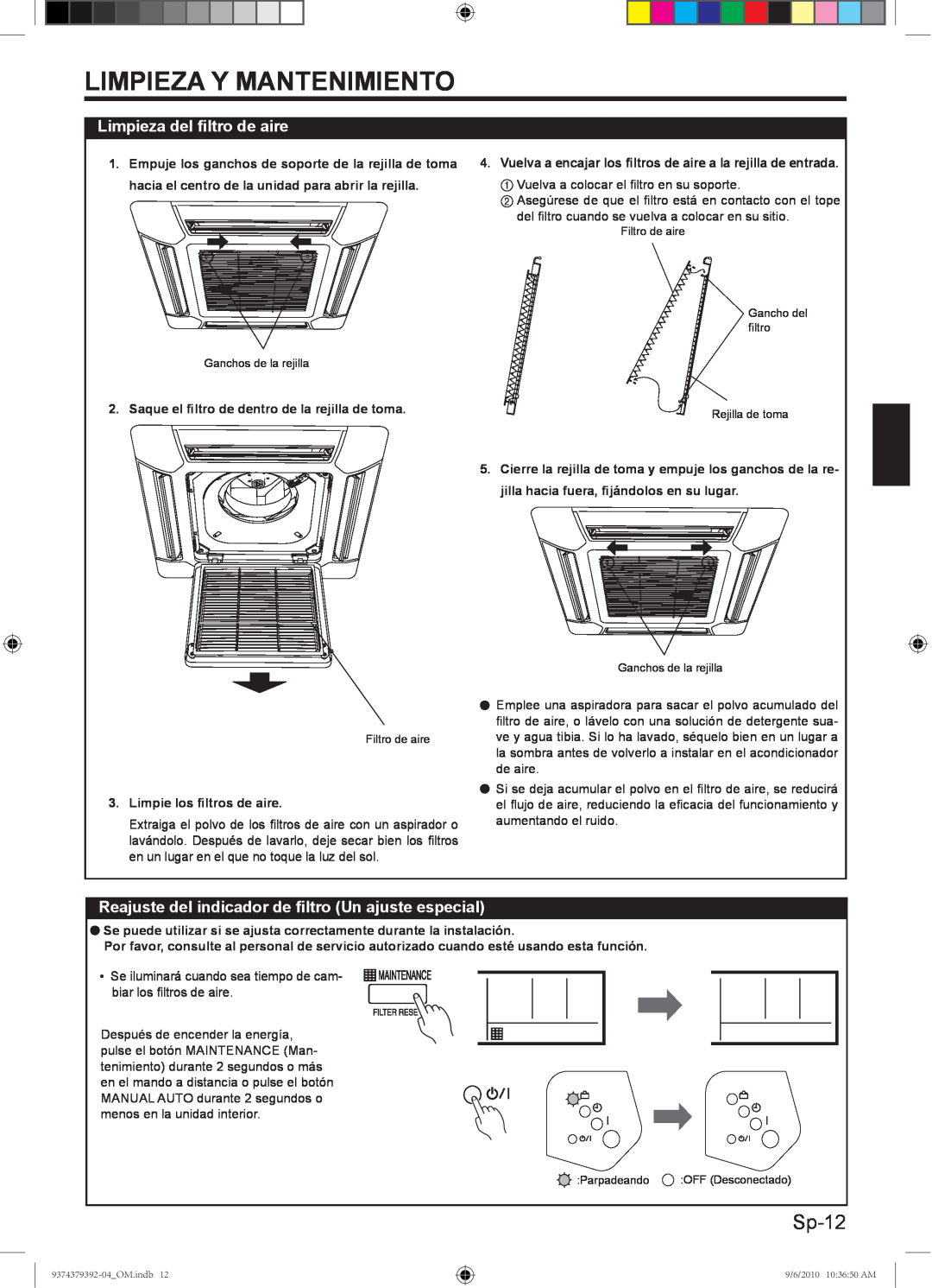 Fujitsu 9374379392-04, Halcyon Air Conditioner manual Sp-12, Limpieza Y Mantenimiento, Limpieza del ﬁltro de aire 