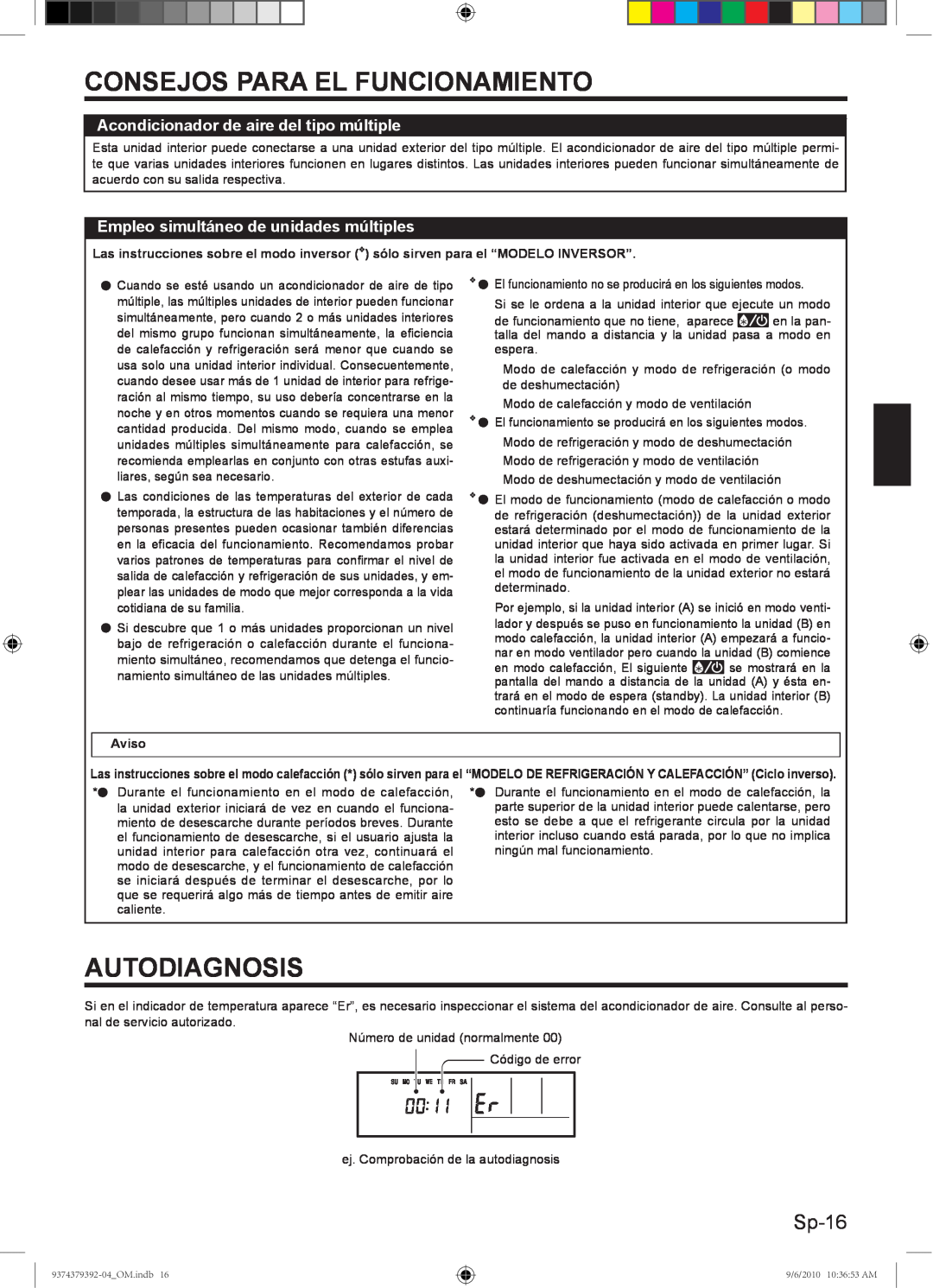 Fujitsu 9374379392-04 Autodiagnosis, Sp-16, Consejos Para El Funcionamiento, Acondicionador de aire del tipo múltiple 