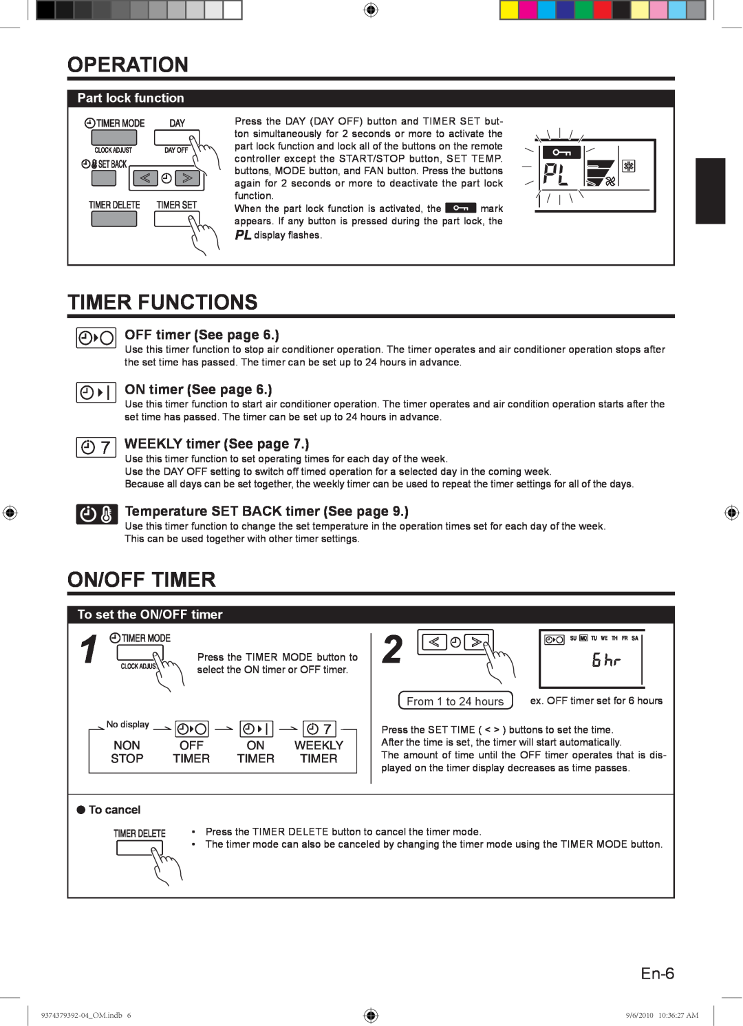 Fujitsu 9374379392-04 Timer Functions, On/Off Timer, En-6, Operation, Part lock function, To set the ON/OFF timer, Weekly 