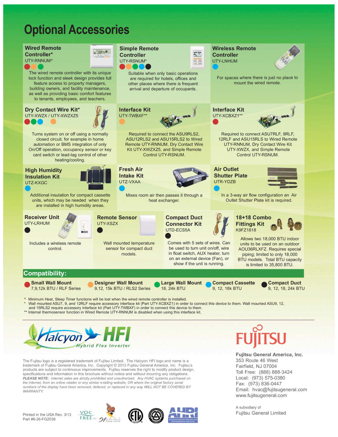 Fujitsu AOU24RLXFZ, AOU36FLXFZ, AOU18RLXFZ, Hybrid Flex Inverter System manual Optional Accessories 