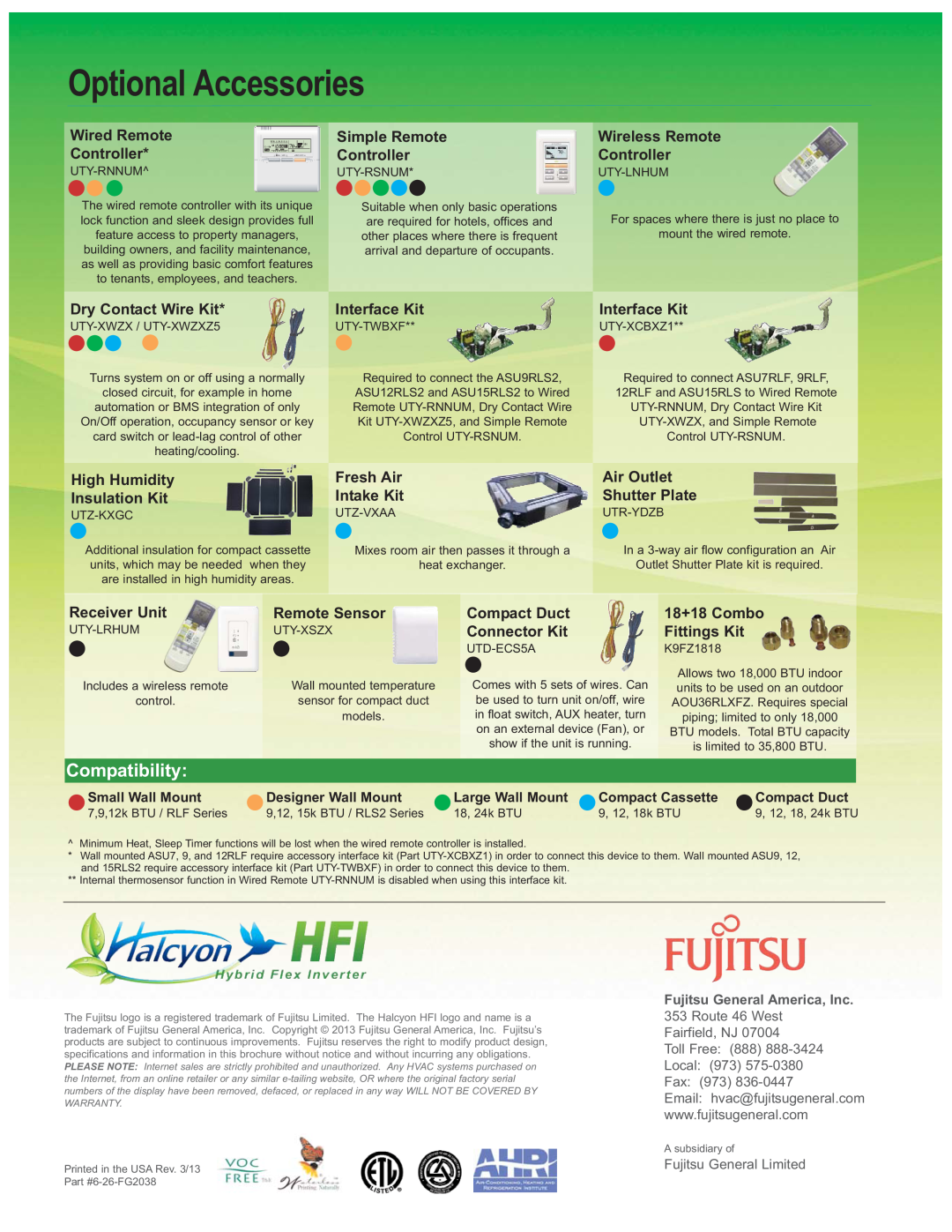 Fujitsu AOU24RLXFZ, AOU36FLXFZ, AOU18RLXFZ, Hybrid Flex Inverter System manual Optional Accessories, Compatibility 