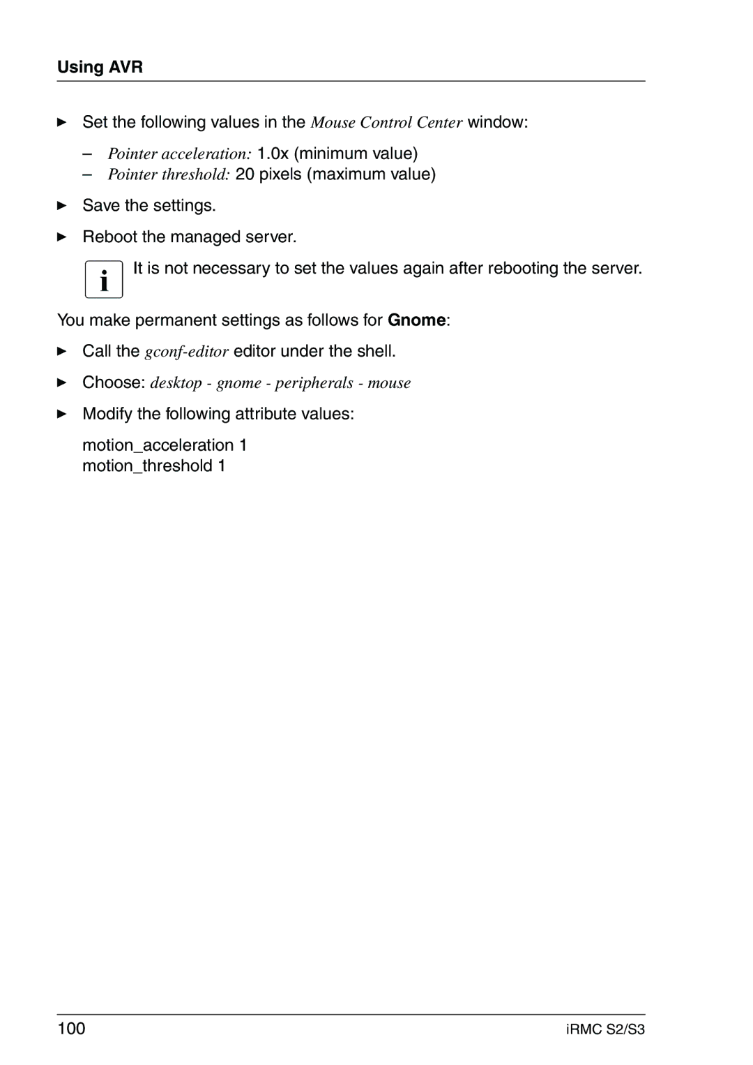 Fujitsu IRMC S2/S3 manual Using AVR, Set the following values in the Mouse Control Center window 