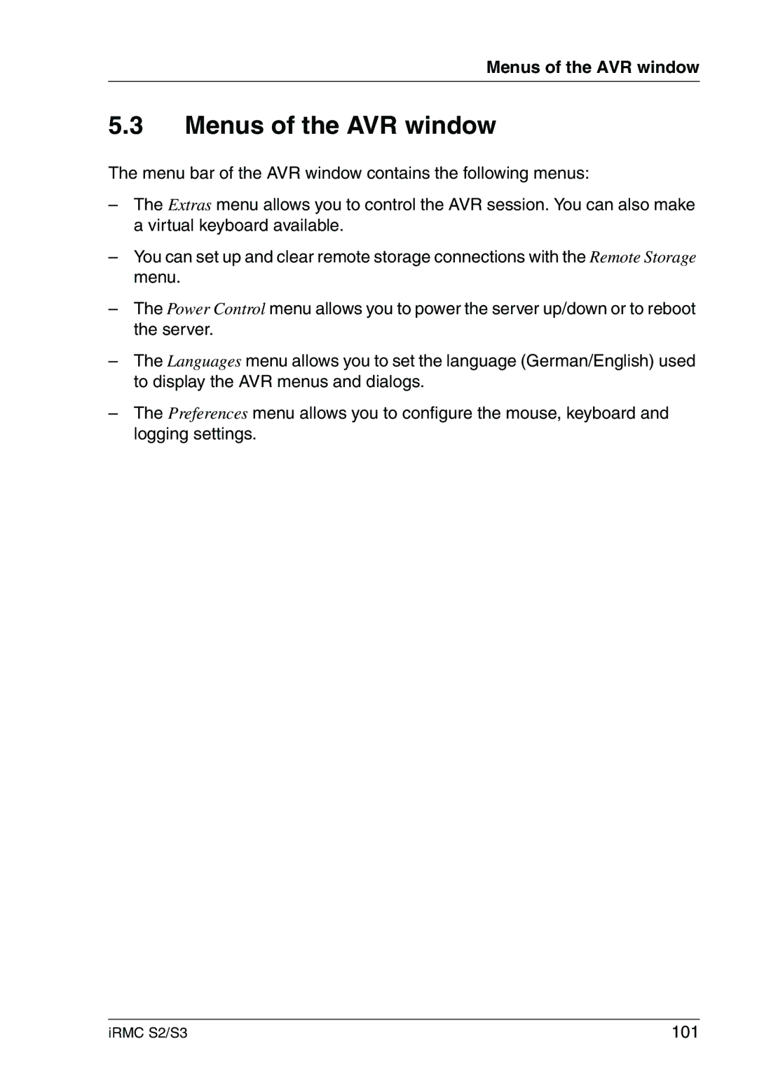 Fujitsu IRMC S2/S3 manual Menus of the AVR window, 101 