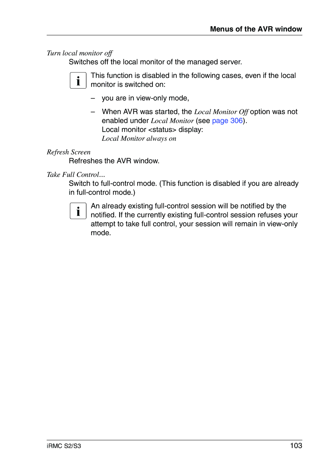 Fujitsu IRMC S2/S3 manual Refreshes the AVR window, 103 