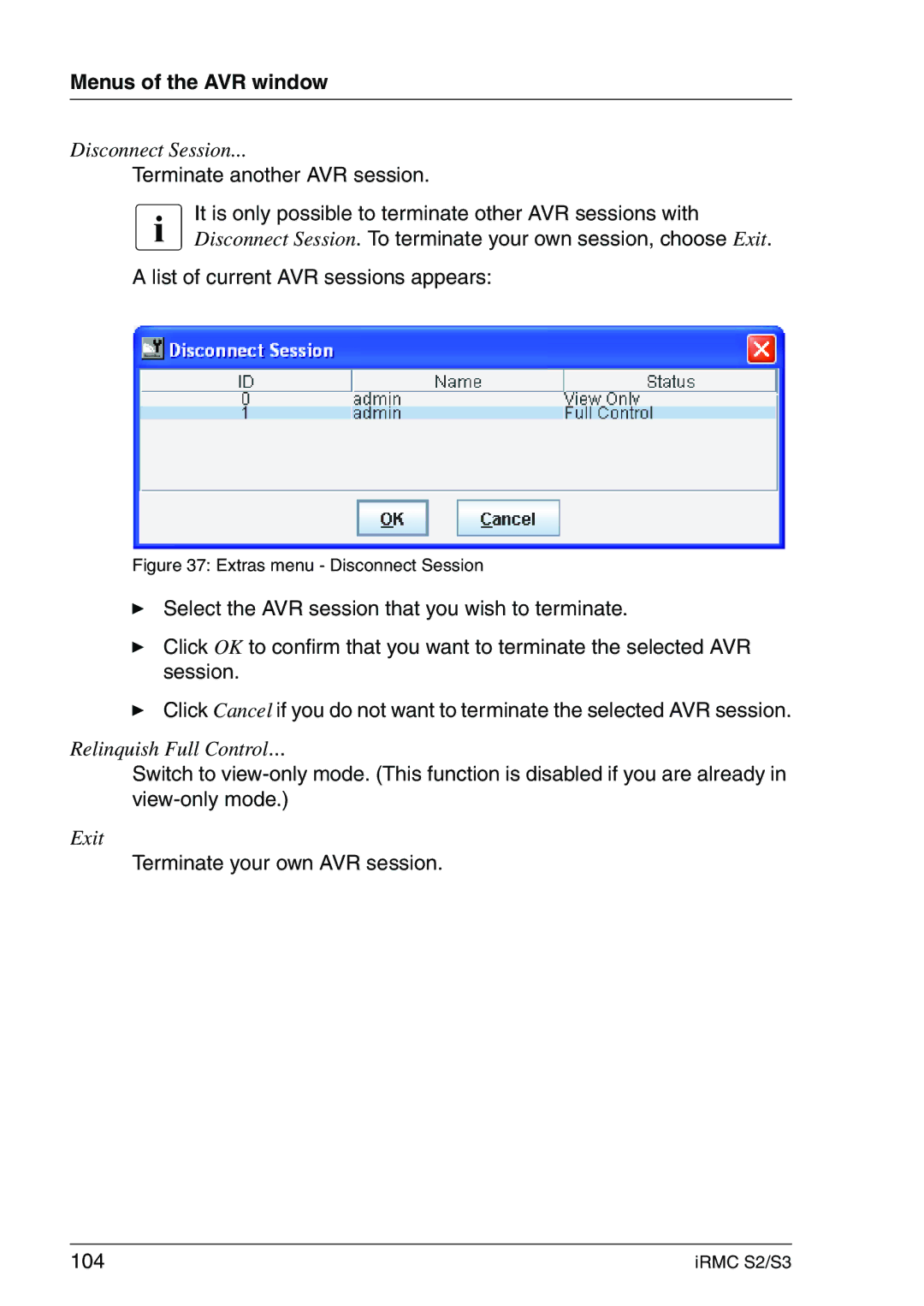 Fujitsu IRMC S2/S3 Terminate another AVR session, List of current AVR sessions appears, Terminate your own AVR session 104 