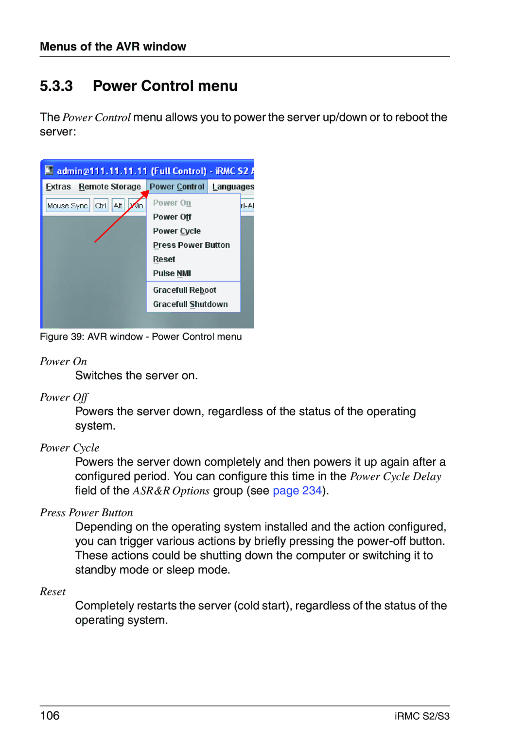 Fujitsu IRMC S2/S3 manual Power Control menu, Switches the server on 