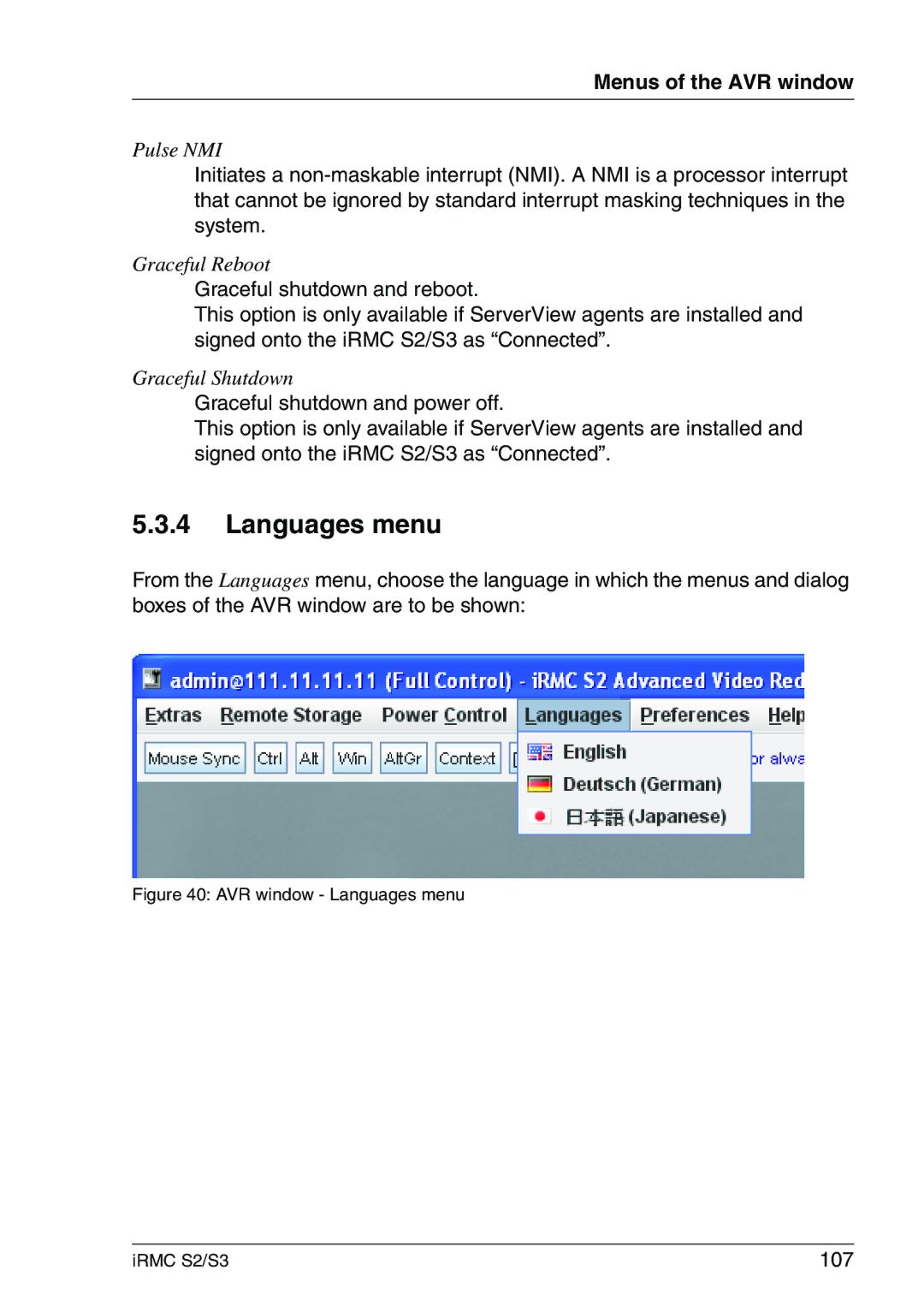 Fujitsu IRMC S2/S3 manual Languages menu, 107 