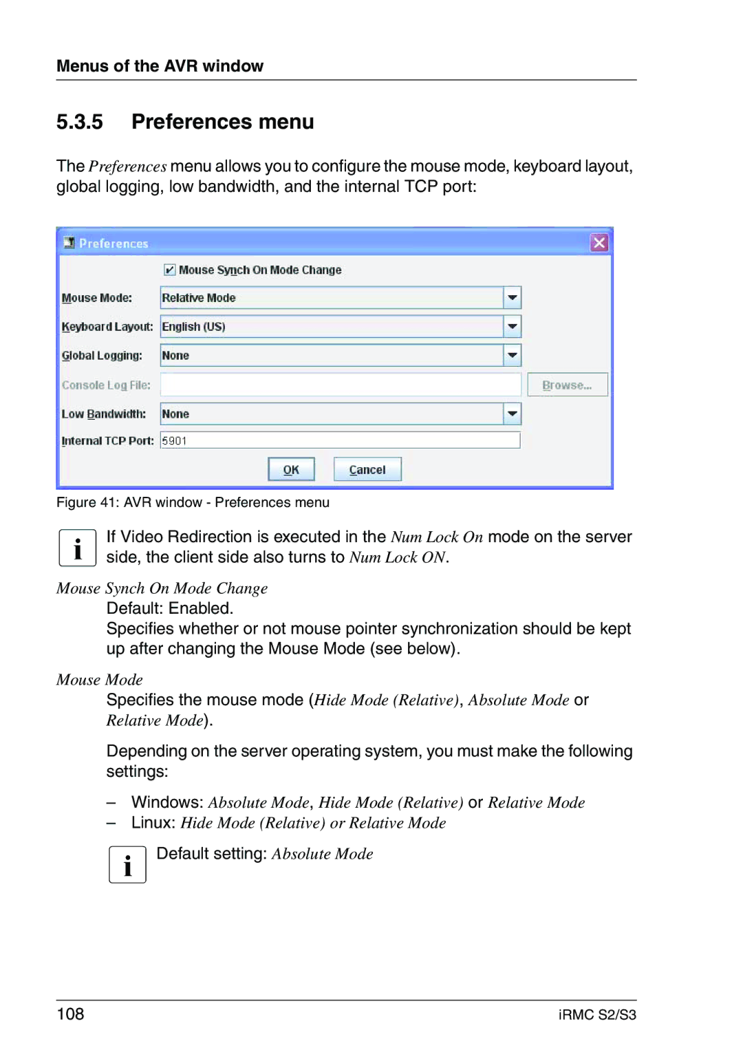 Fujitsu IRMC S2/S3 manual Preferences menu, Default setting Absolute Mode 108 