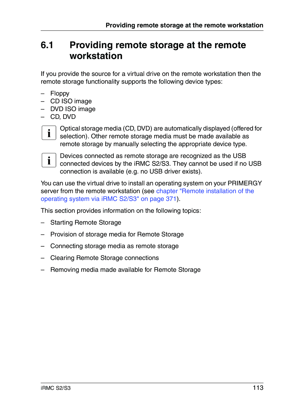 Fujitsu IRMC S2/S3 manual Providing remote storage at the remote workstation, 113 