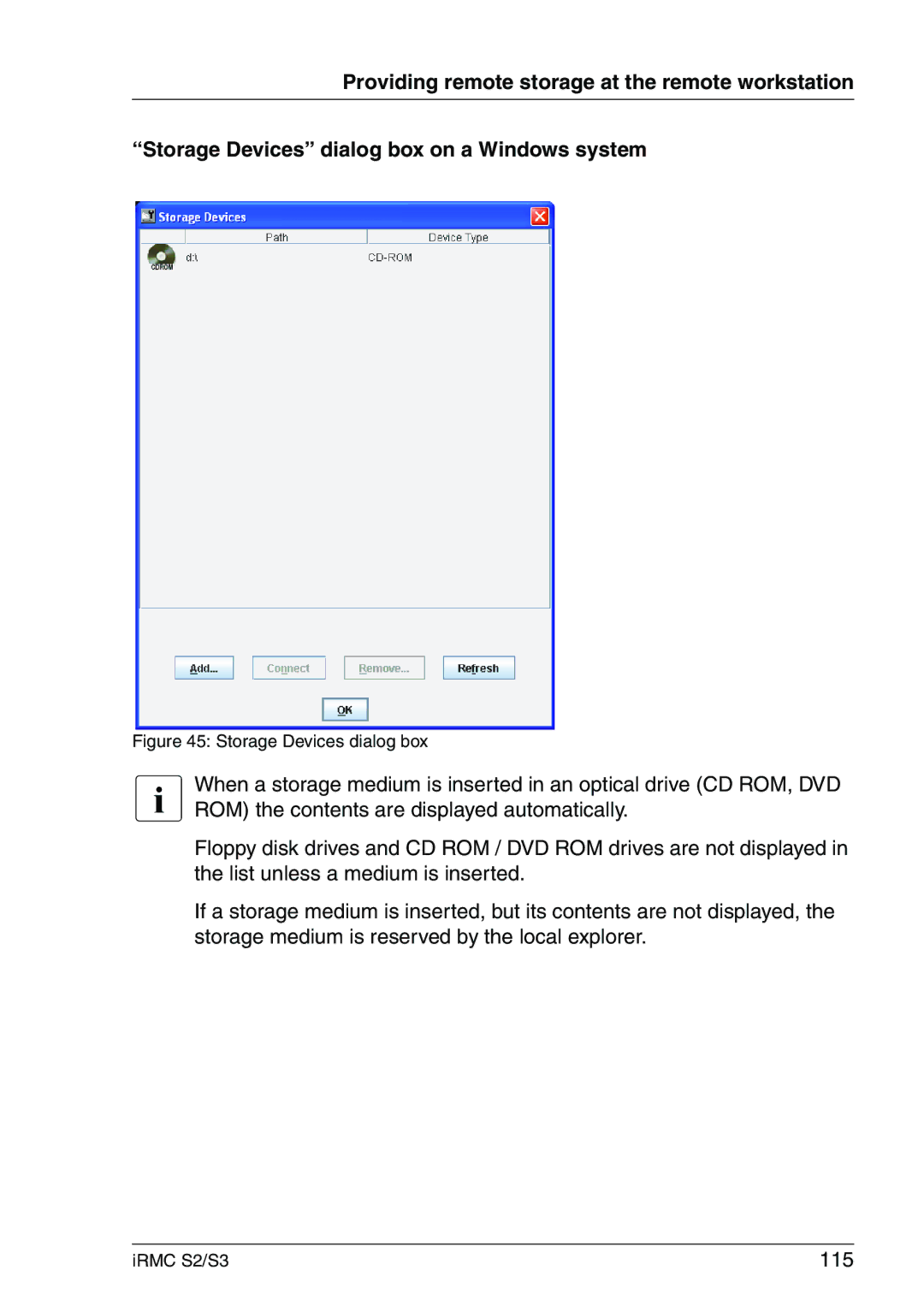 Fujitsu IRMC S2/S3 manual 115, Storage Devices dialog box 