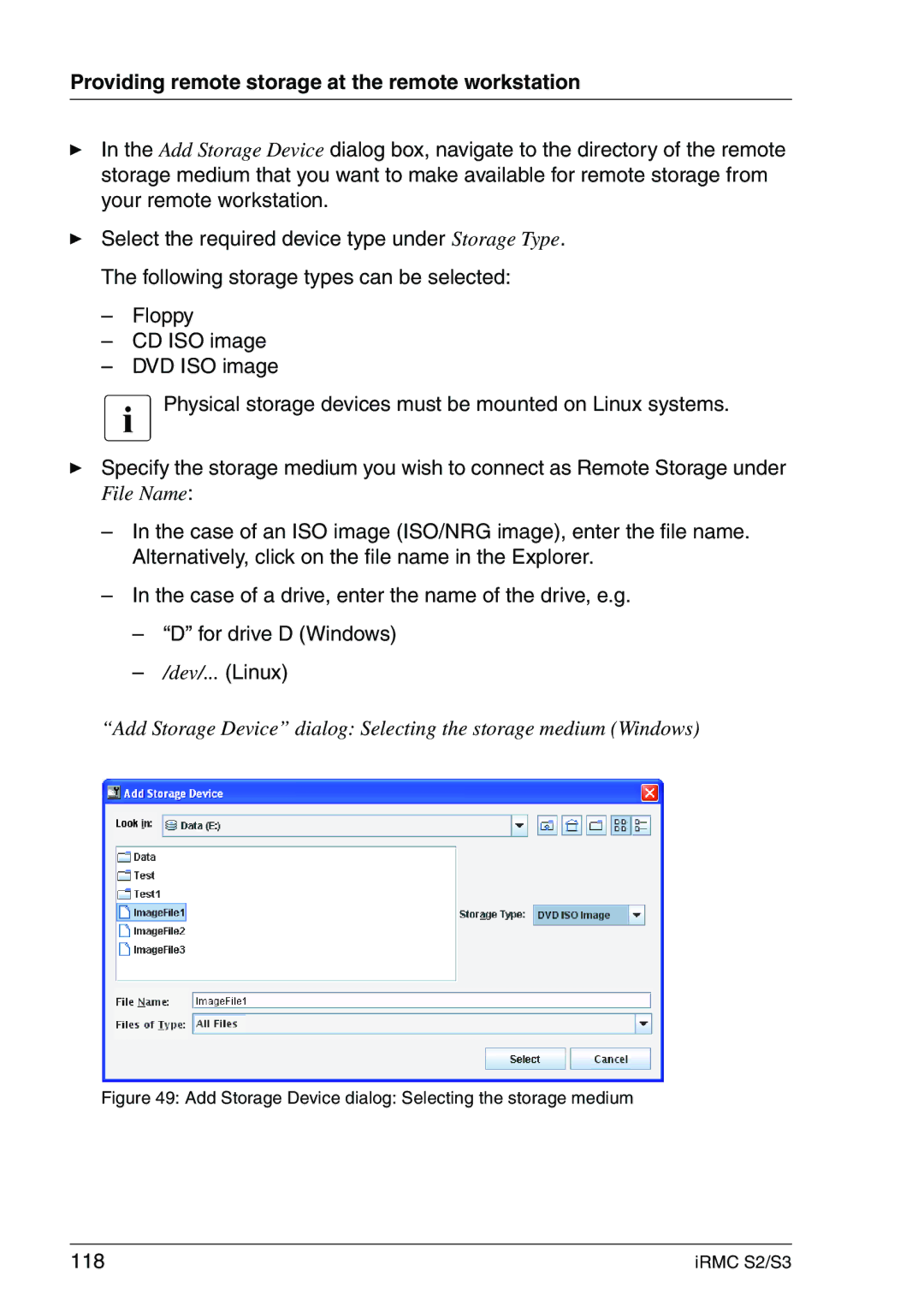 Fujitsu IRMC S2/S3 manual 118, Add Storage Device dialog Selecting the storage medium 