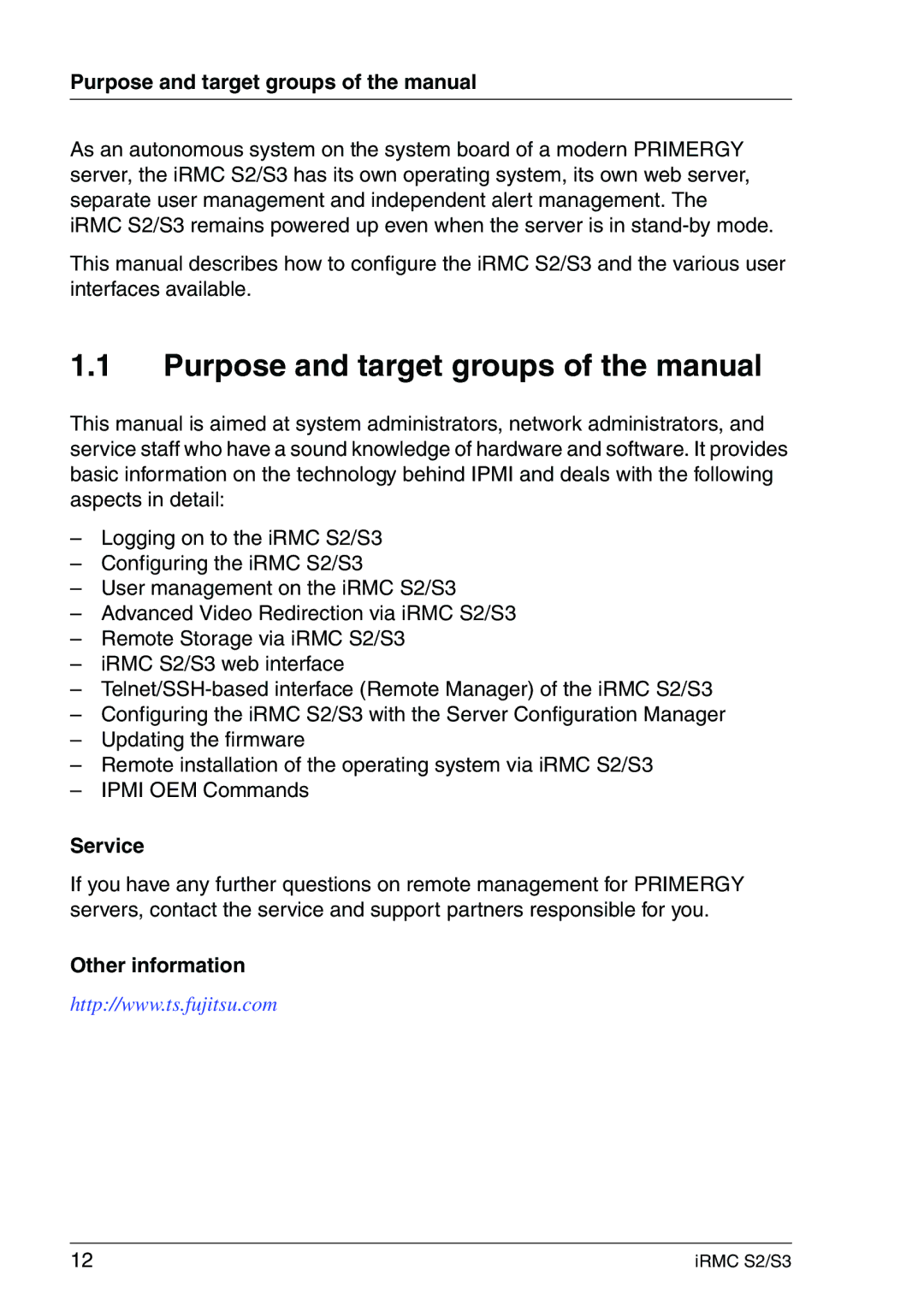 Fujitsu IRMC S2/S3 Purpose and target groups of the manual, Service, Other information 