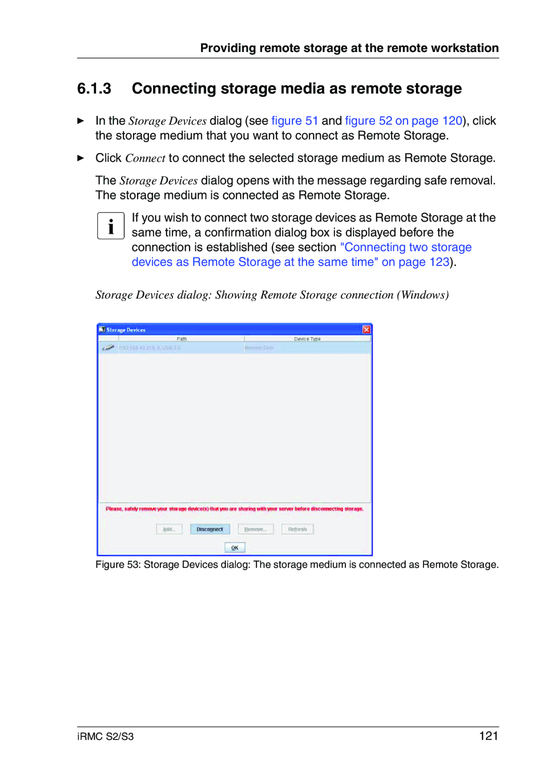 Fujitsu IRMC S2/S3 manual Connecting storage media as remote storage, 121 