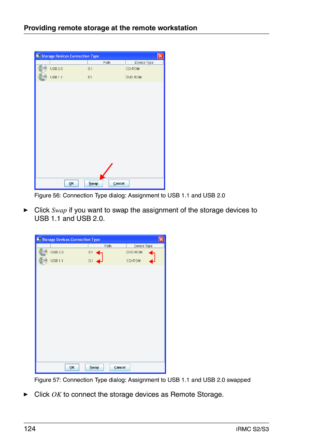 Fujitsu IRMC S2/S3 manual Connection Type dialog Assignment to USB 1.1 and USB 