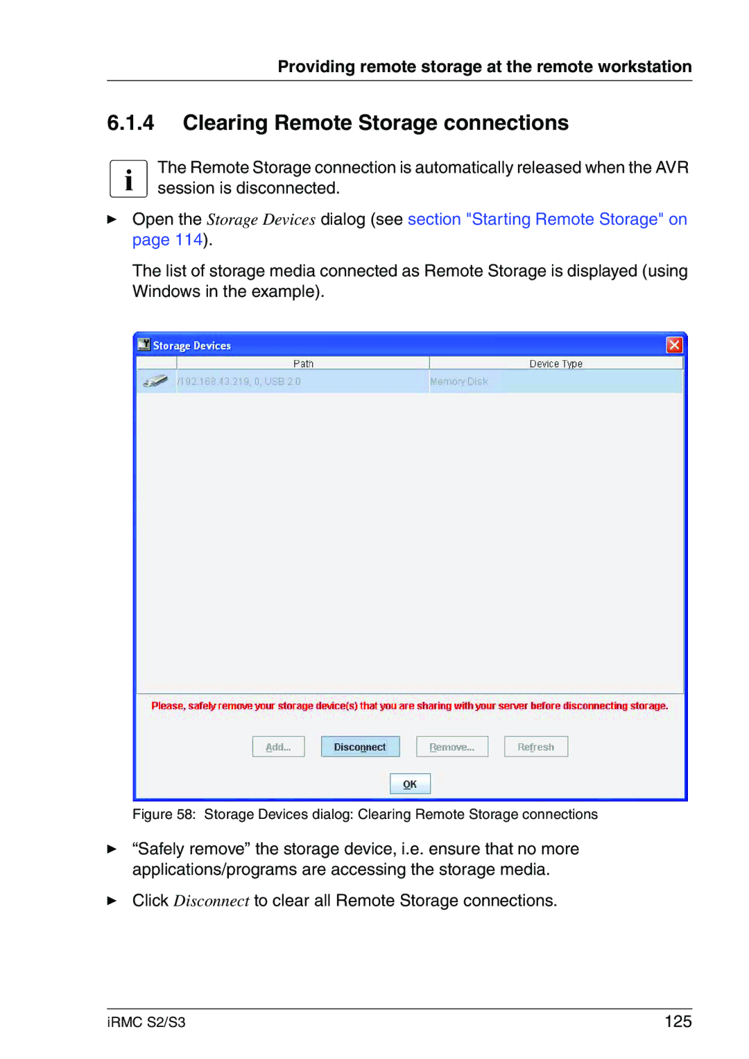 Fujitsu IRMC S2/S3 Clearing Remote Storage connections, Click Disconnect to clear all Remote Storage connections, 125 