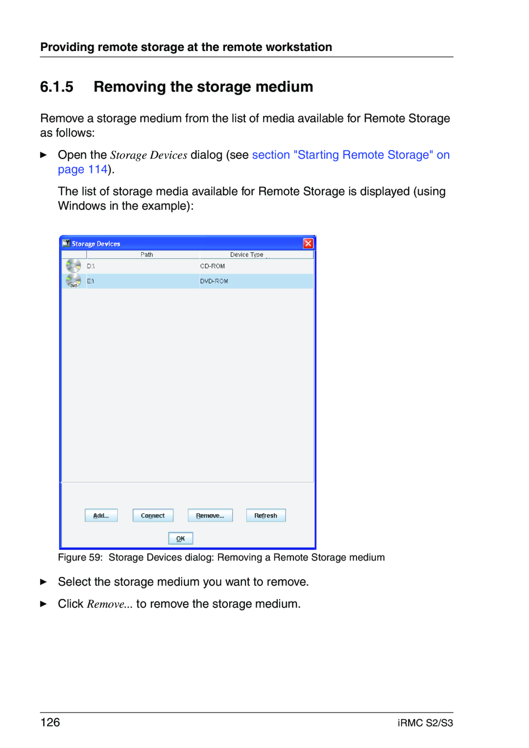 Fujitsu IRMC S2/S3 manual Removing the storage medium, Storage Devices dialog Removing a Remote Storage medium 