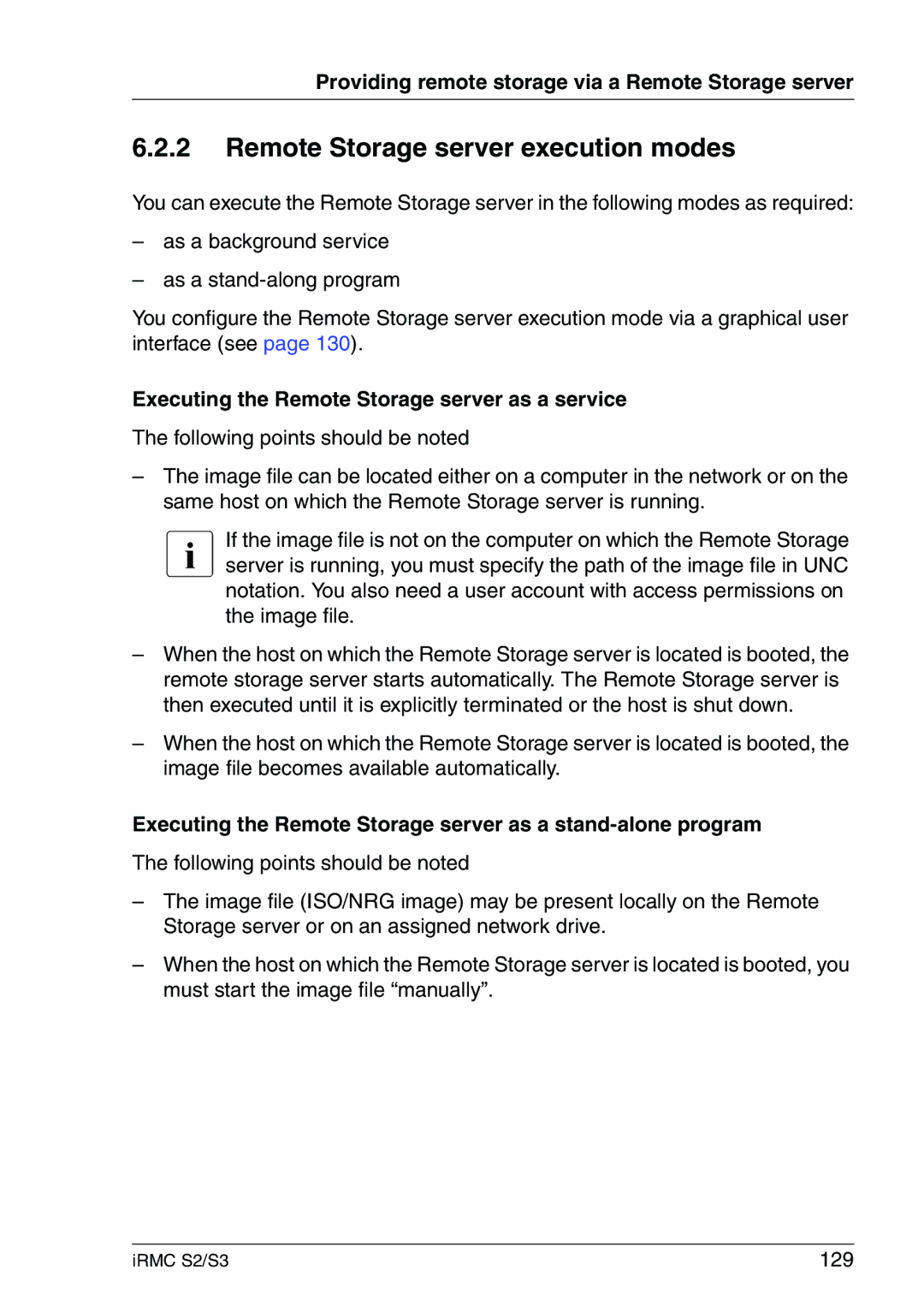 Fujitsu IRMC S2/S3 manual Remote Storage server execution modes, Executing the Remote Storage server as a service, 129 