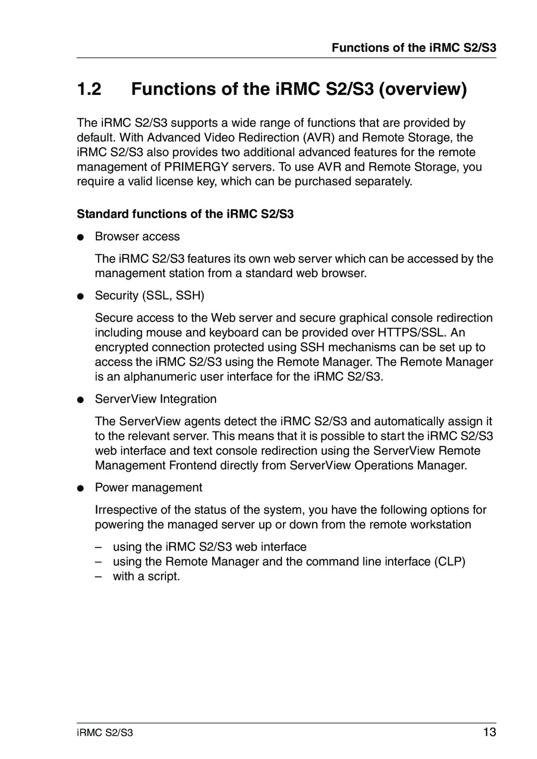 Fujitsu IRMC S2/S3 Functions of the iRMC S2/S3 overview, Standard functions of the iRMC S2/S3, ServerView Integration 