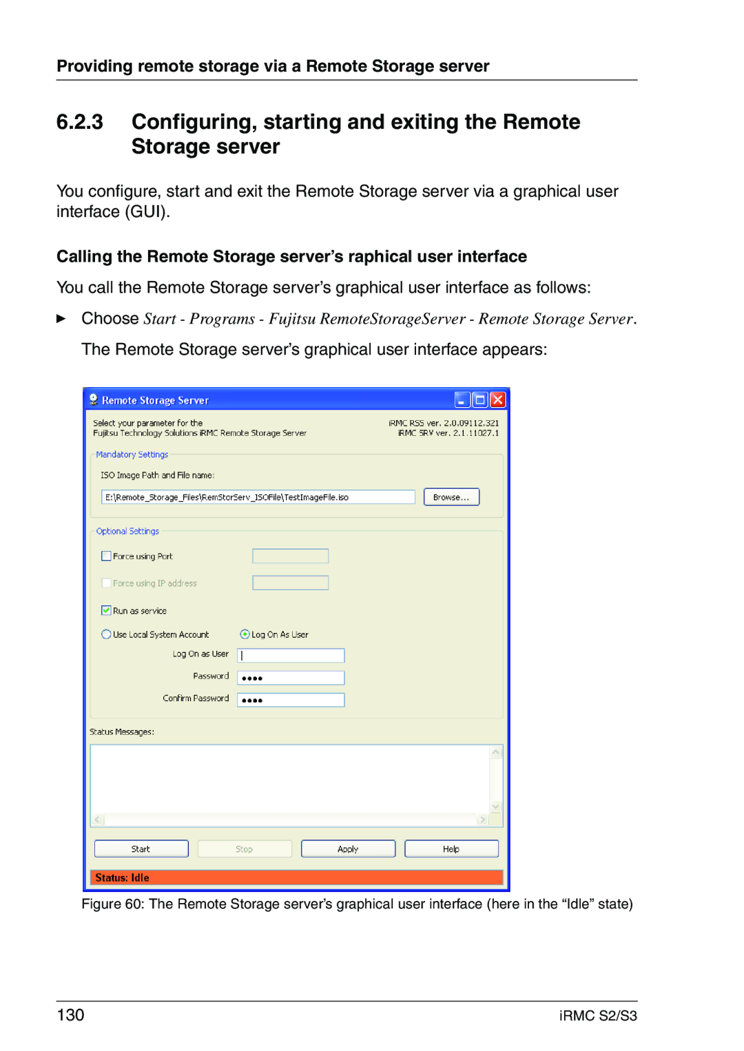 Fujitsu IRMC S2/S3 manual Configuring, starting and exiting the Remote Storage server, 130 