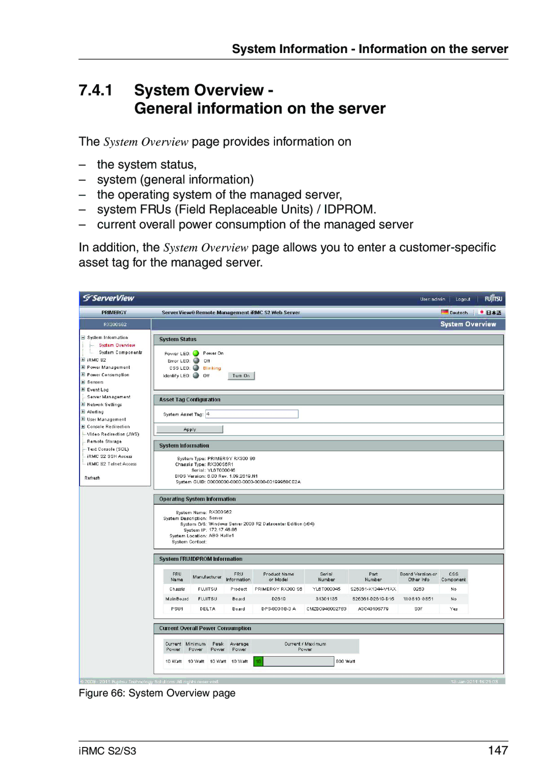 Fujitsu IRMC S2/S3 manual System Overview General information on the server, 147 