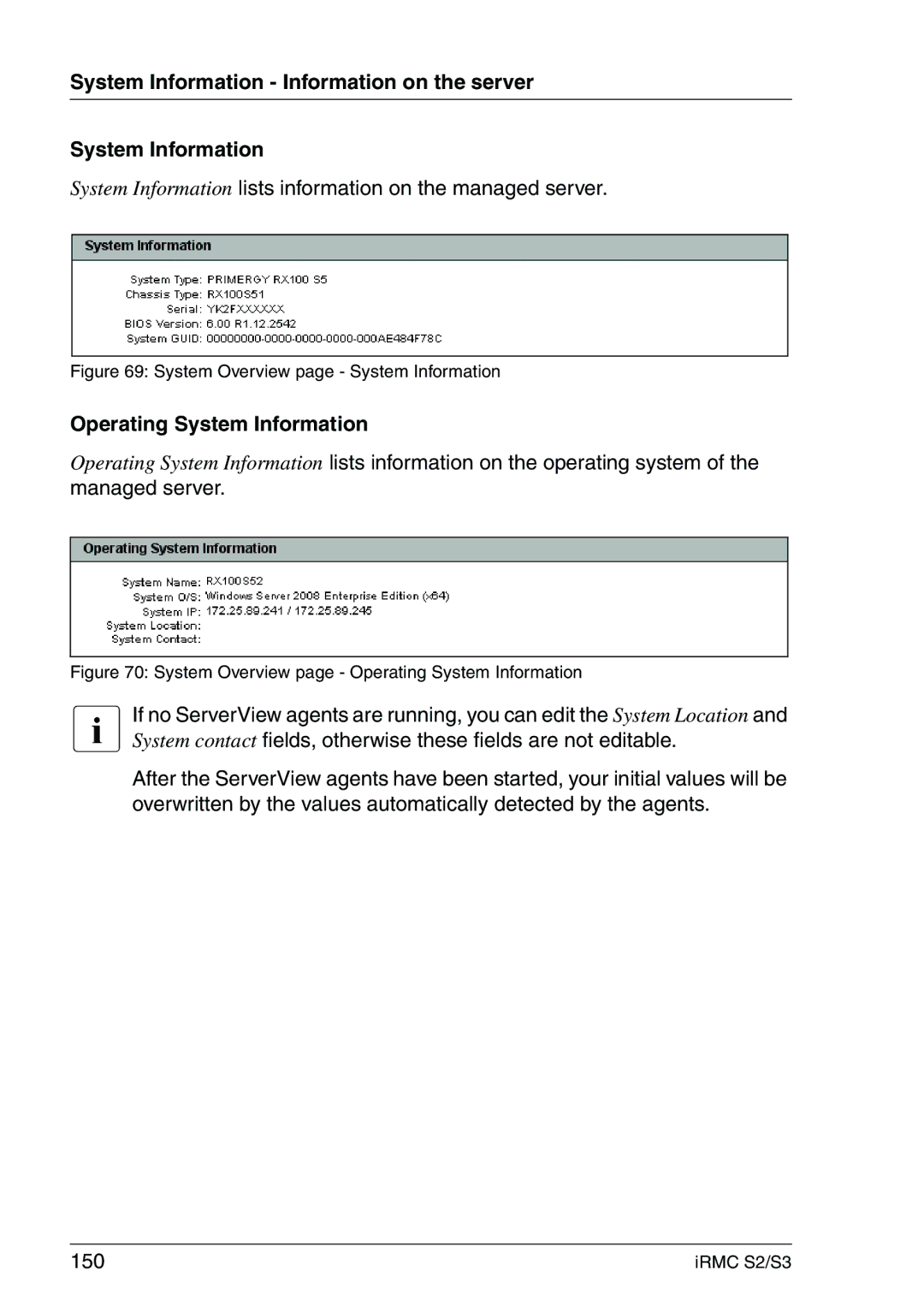 Fujitsu IRMC S2/S3 manual System Information lists information on the managed server, Operating System Information 