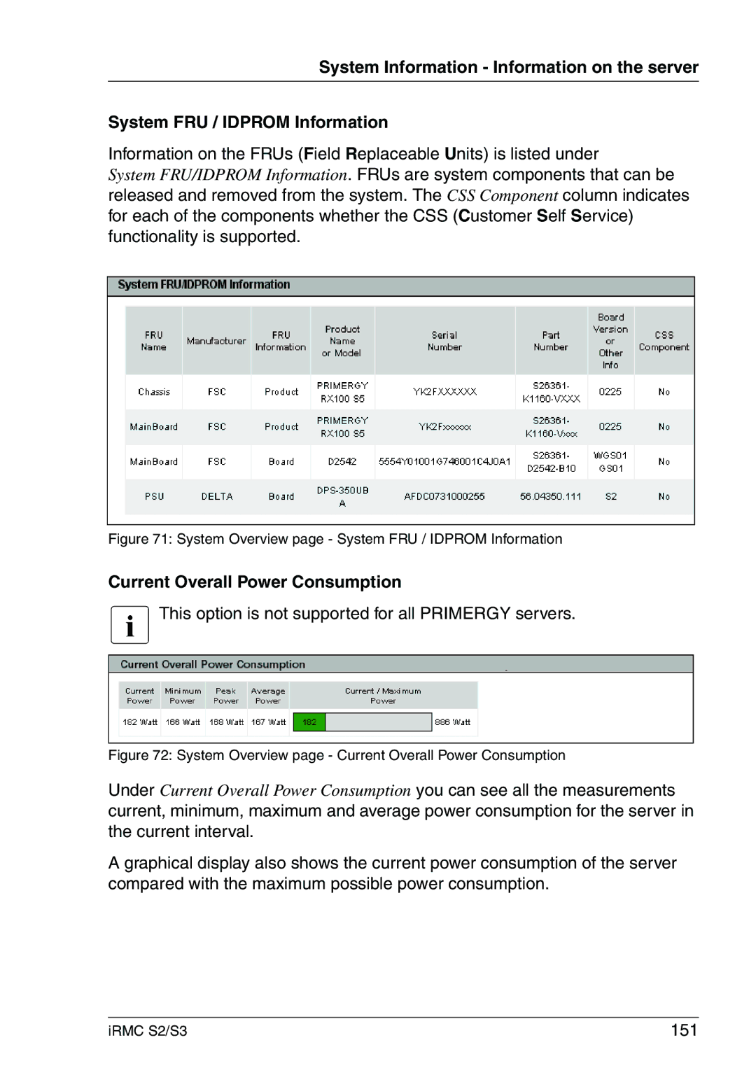 Fujitsu IRMC S2/S3 manual Current Overall Power Consumption, This option is not supported for all Primergy servers, 151 