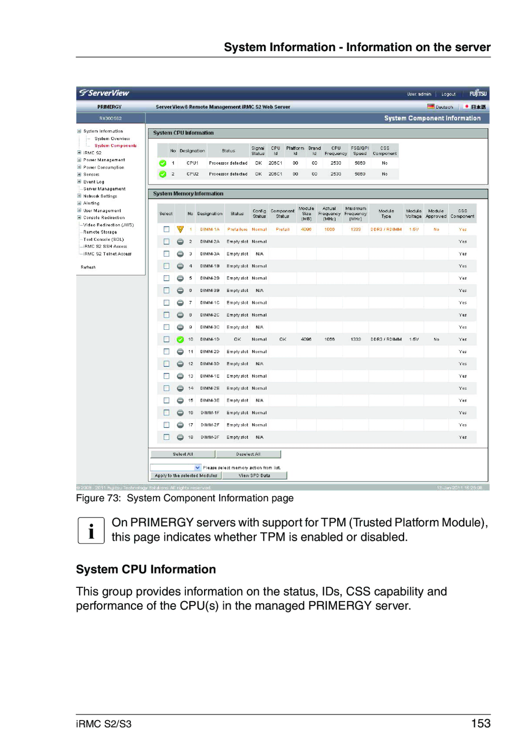 Fujitsu IRMC S2/S3 manual System CPU Information, 153 