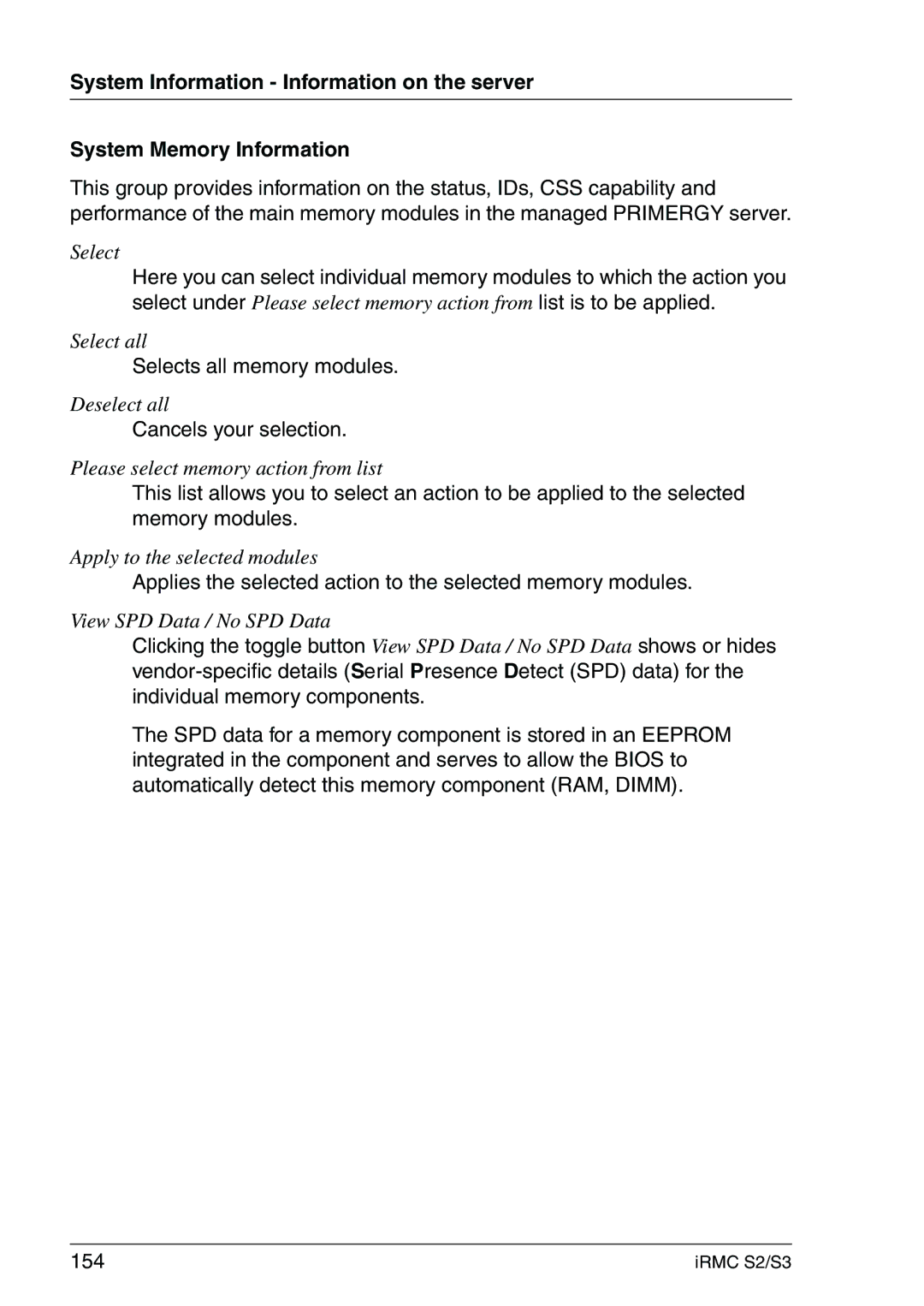 Fujitsu IRMC S2/S3 manual Selects all memory modules, Cancels your selection, 154 