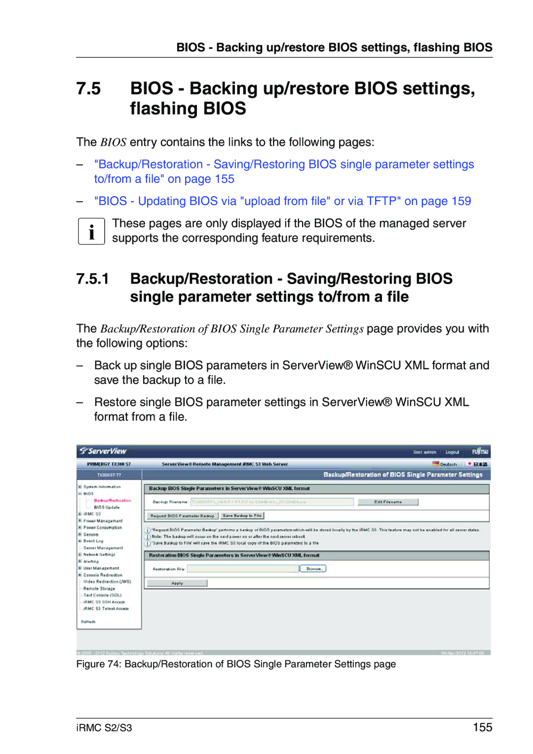 Fujitsu IRMC S2/S3 manual Bios Backing up/restore Bios settings, flashing Bios, 155 