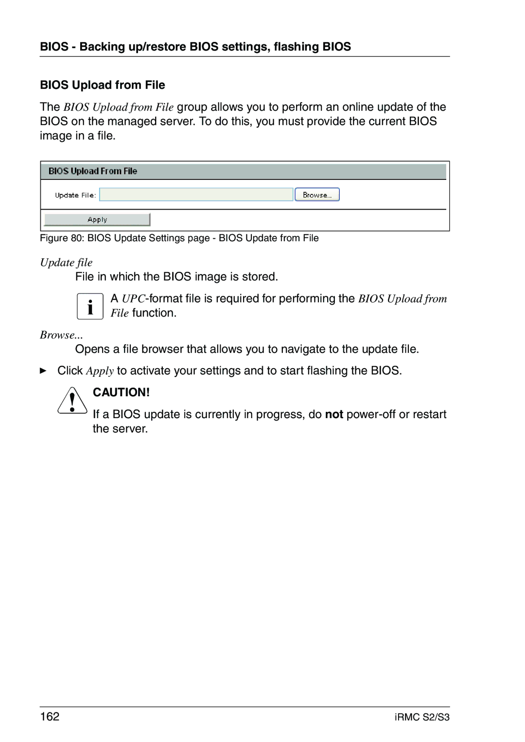 Fujitsu IRMC S2/S3 manual File in which the Bios image is stored, Bios Update Settings page Bios Update from File 