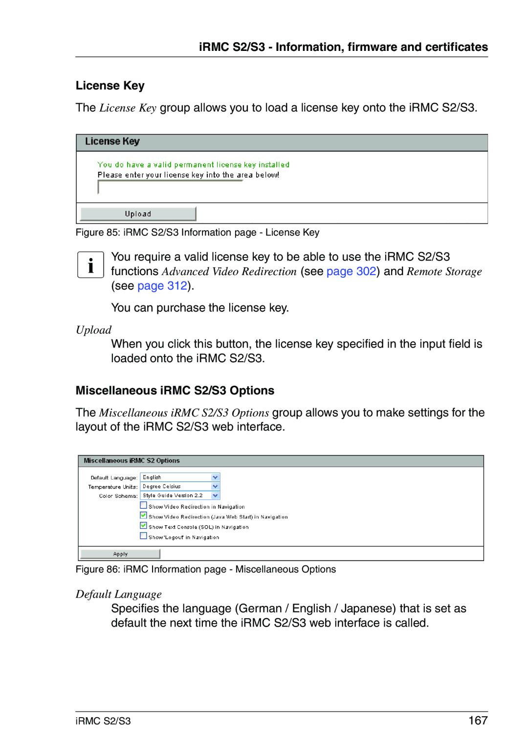 Fujitsu IRMC S2/S3 manual You can purchase the license key, Miscellaneous iRMC S2/S3 Options, 167 