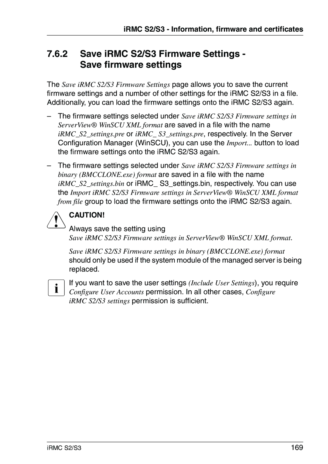 Fujitsu IRMC S2/S3 manual Save iRMC S2/S3 Firmware Settings Save firmware settings, Always save the setting using, 169 