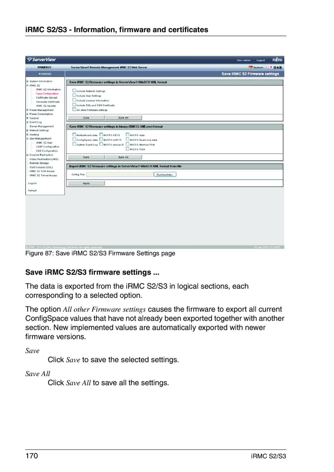 Fujitsu IRMC S2/S3 manual Save iRMC S2/S3 firmware settings, Click Save to save the selected settings 