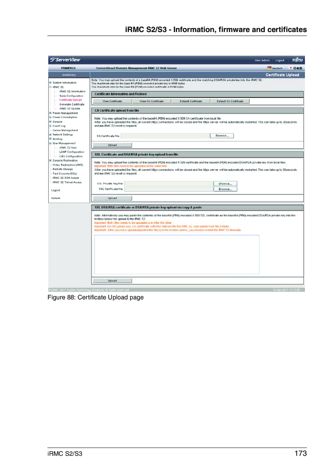 Fujitsu manual 173, Certificate Upload IRMC S2/S3 