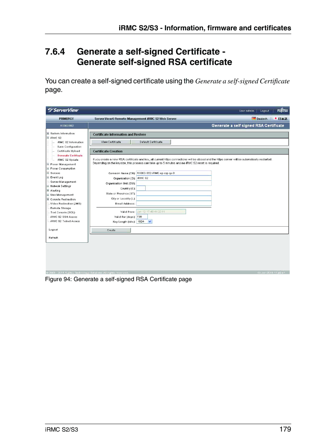 Fujitsu manual 179, Generate a self-signed RSA Certificate IRMC S2/S3 