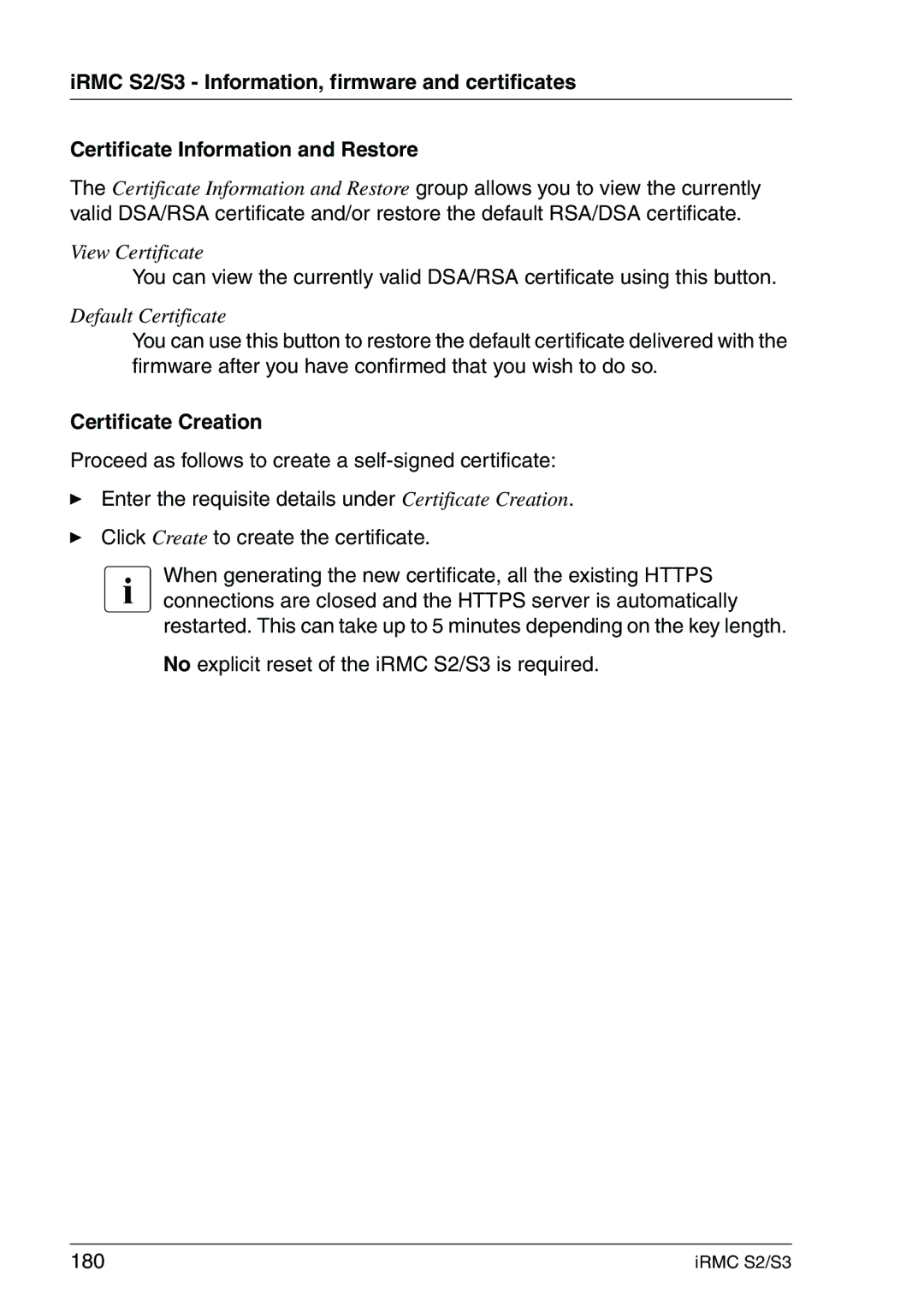 Fujitsu IRMC S2/S3 manual Certificate Creation, No explicit reset of the iRMC S2/S3 is required 180 