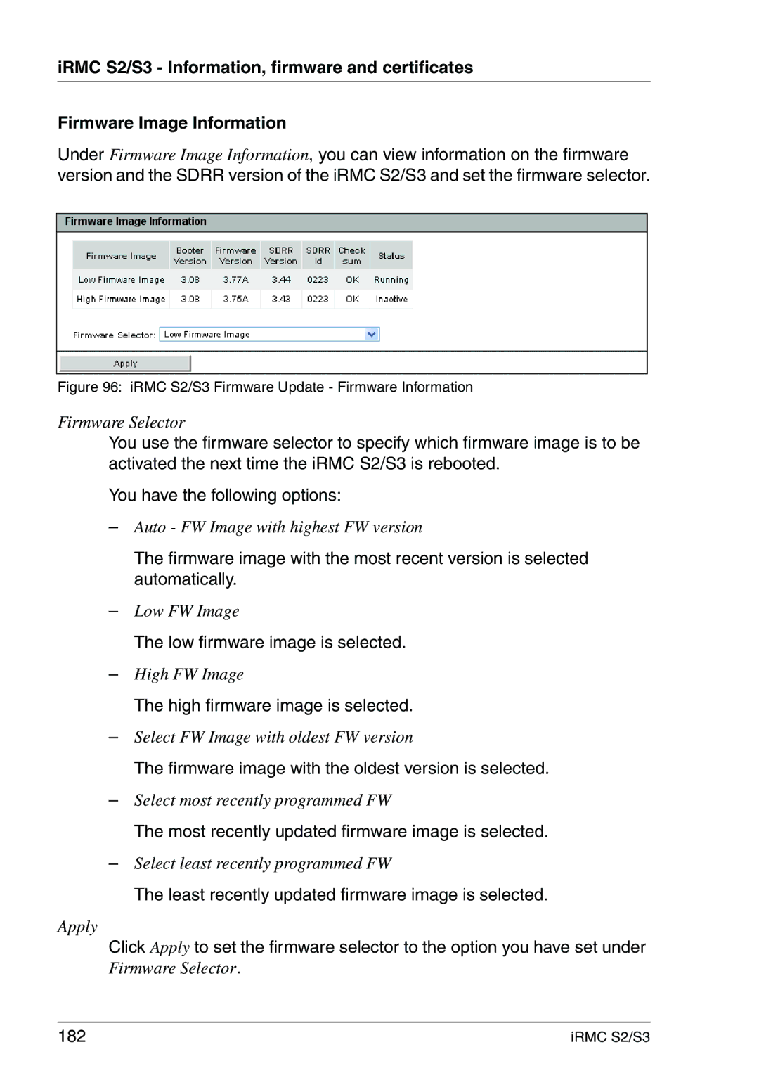 Fujitsu IRMC S2/S3 manual Low firmware image is selected, High firmware image is selected, 182 