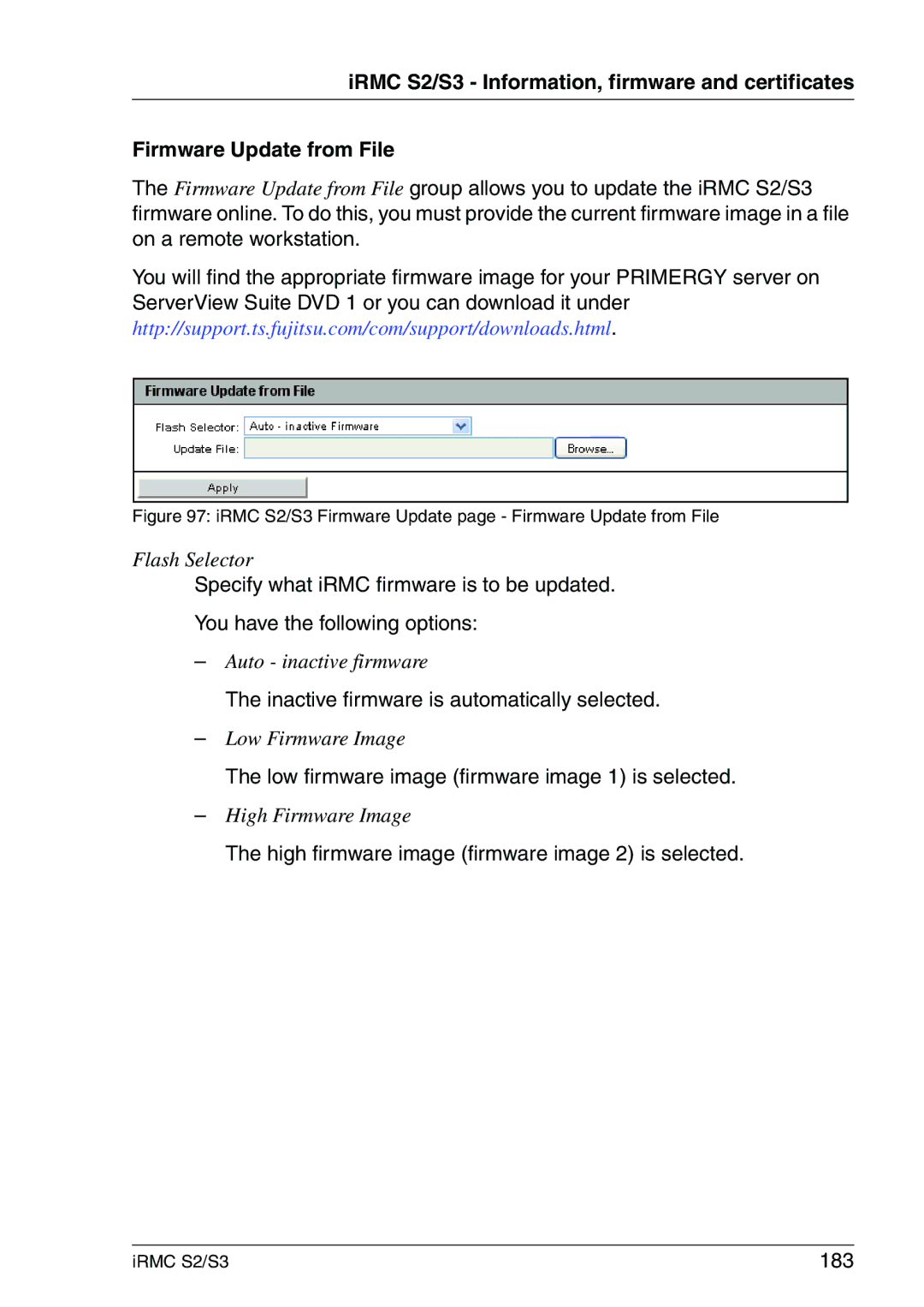 Fujitsu IRMC S2/S3 manual Inactive firmware is automatically selected, Low firmware image firmware image 1 is selected, 183 