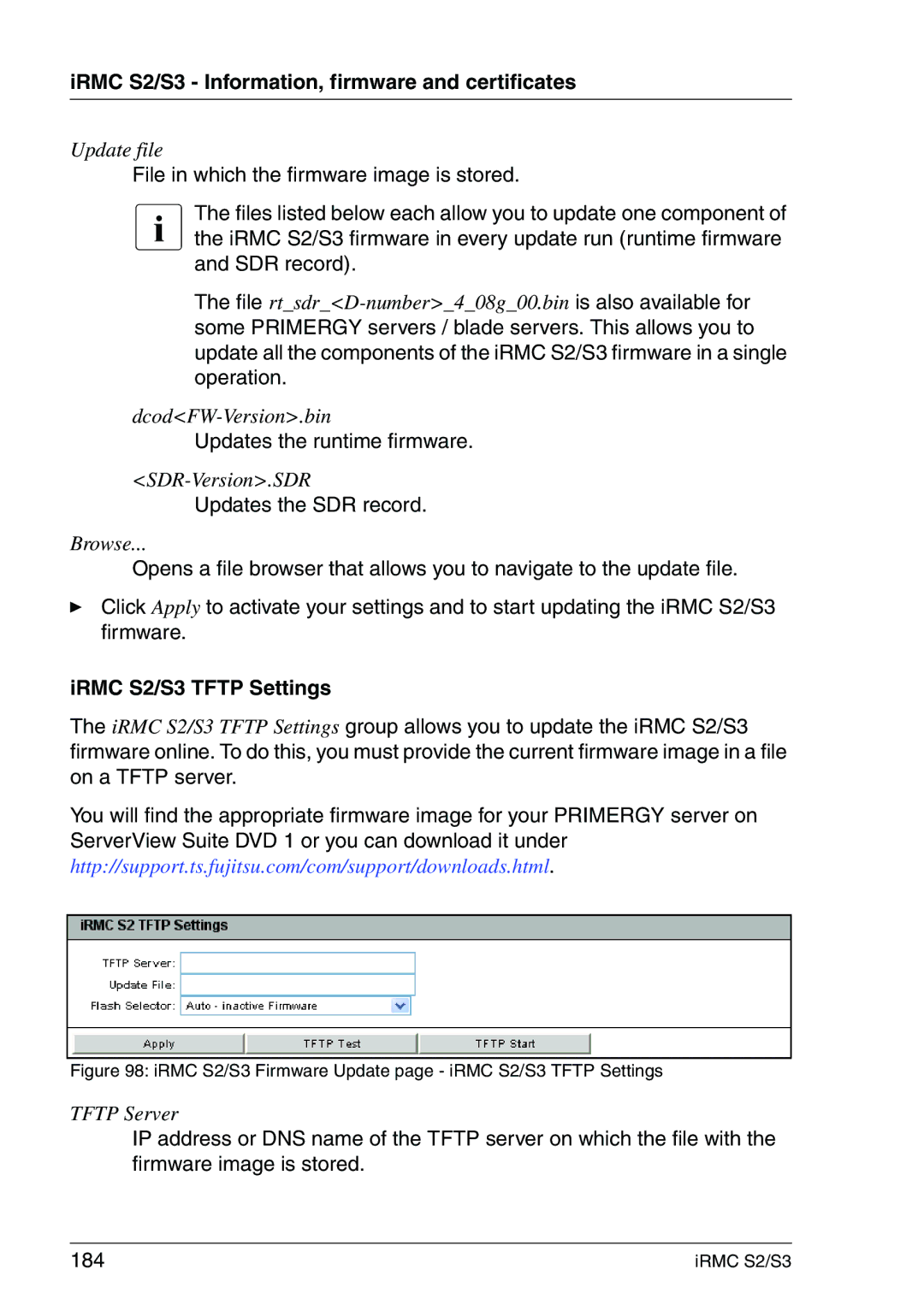 Fujitsu manual Updates the runtime firmware, Updates the SDR record, IRMC S2/S3 Tftp Settings 