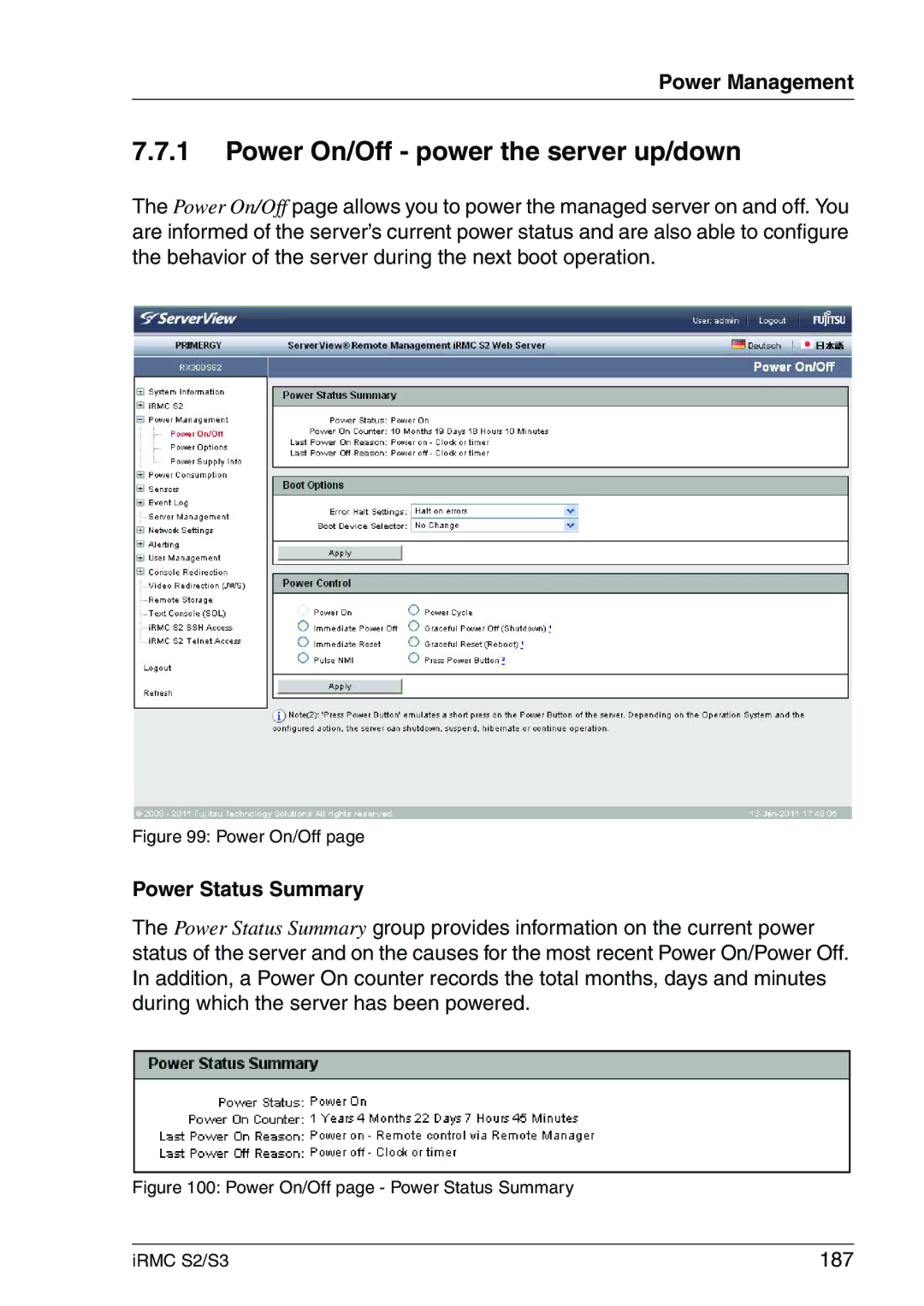 Fujitsu IRMC S2/S3 manual Power On/Off power the server up/down, Power Status Summary, 187 