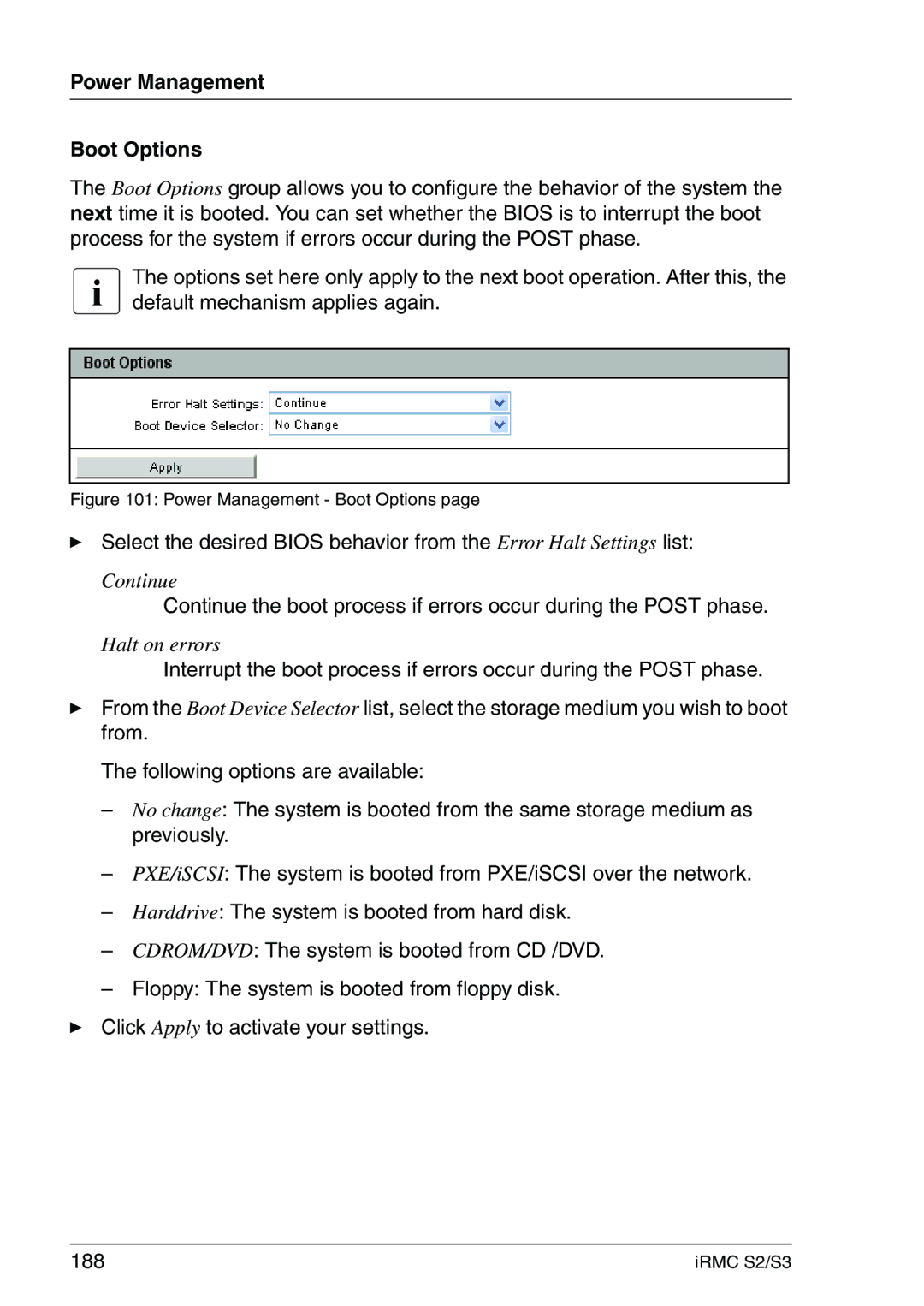 Fujitsu IRMC S2/S3 manual Power Management Boot Options 