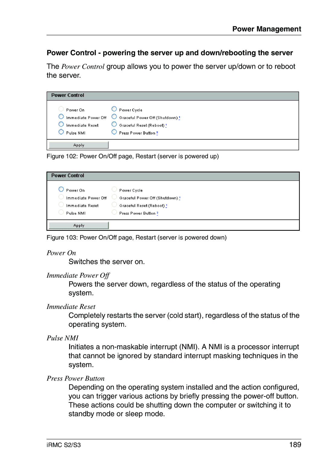 Fujitsu IRMC S2/S3 manual 189, Power On/Off page, Restart server is powered up 