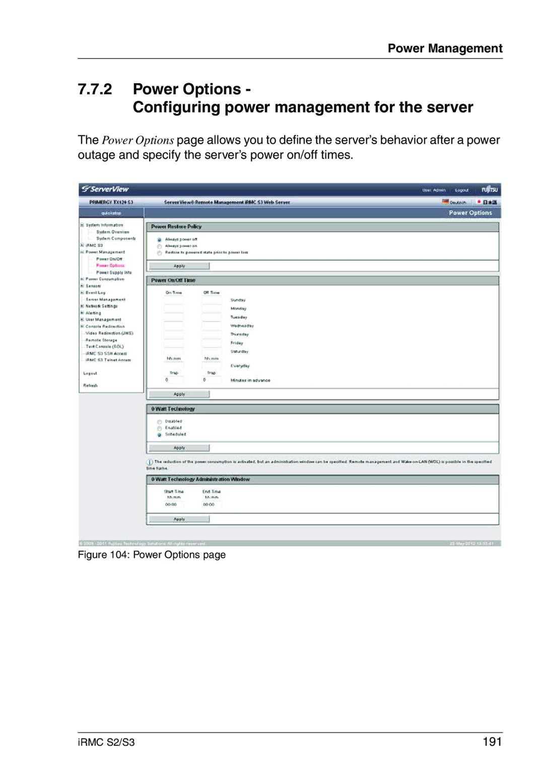 Fujitsu IRMC S2/S3 manual Power Options Configuring power management for the server, 191 