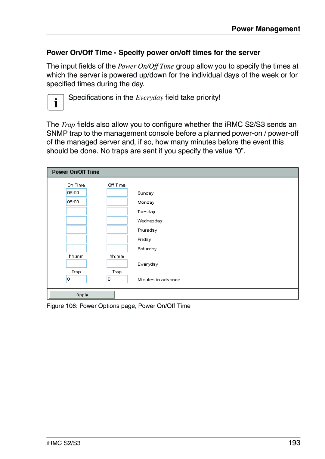 Fujitsu manual 193, Power Options page, Power On/Off Time IRMC S2/S3 