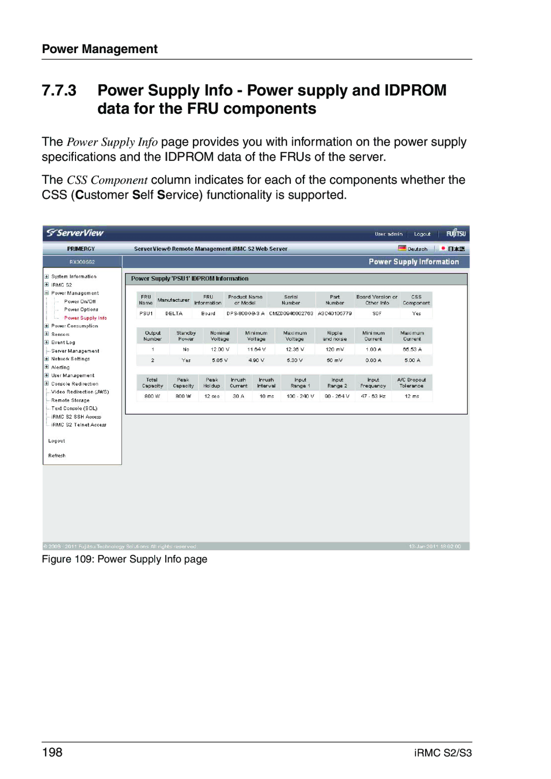 Fujitsu IRMC S2/S3 manual 198, Power Supply Info 