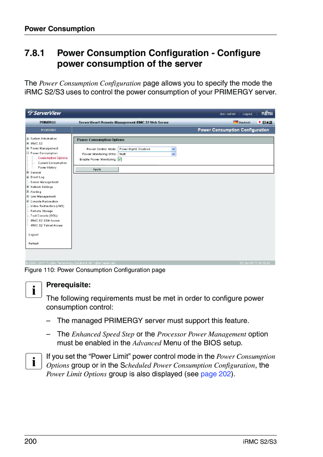 Fujitsu IRMC S2/S3 manual Power Limit Options group is also displayed see 200, Power Consumption Configuration 