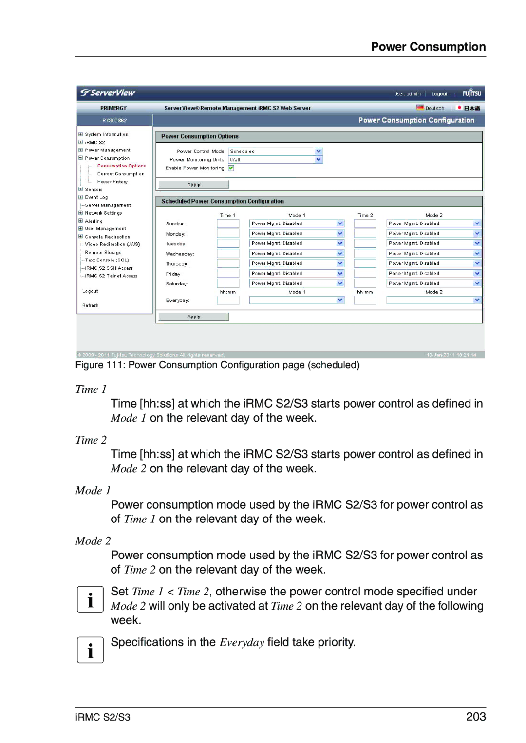 Fujitsu IRMC S2/S3 manual 203, Power Consumption Configuration page scheduled 