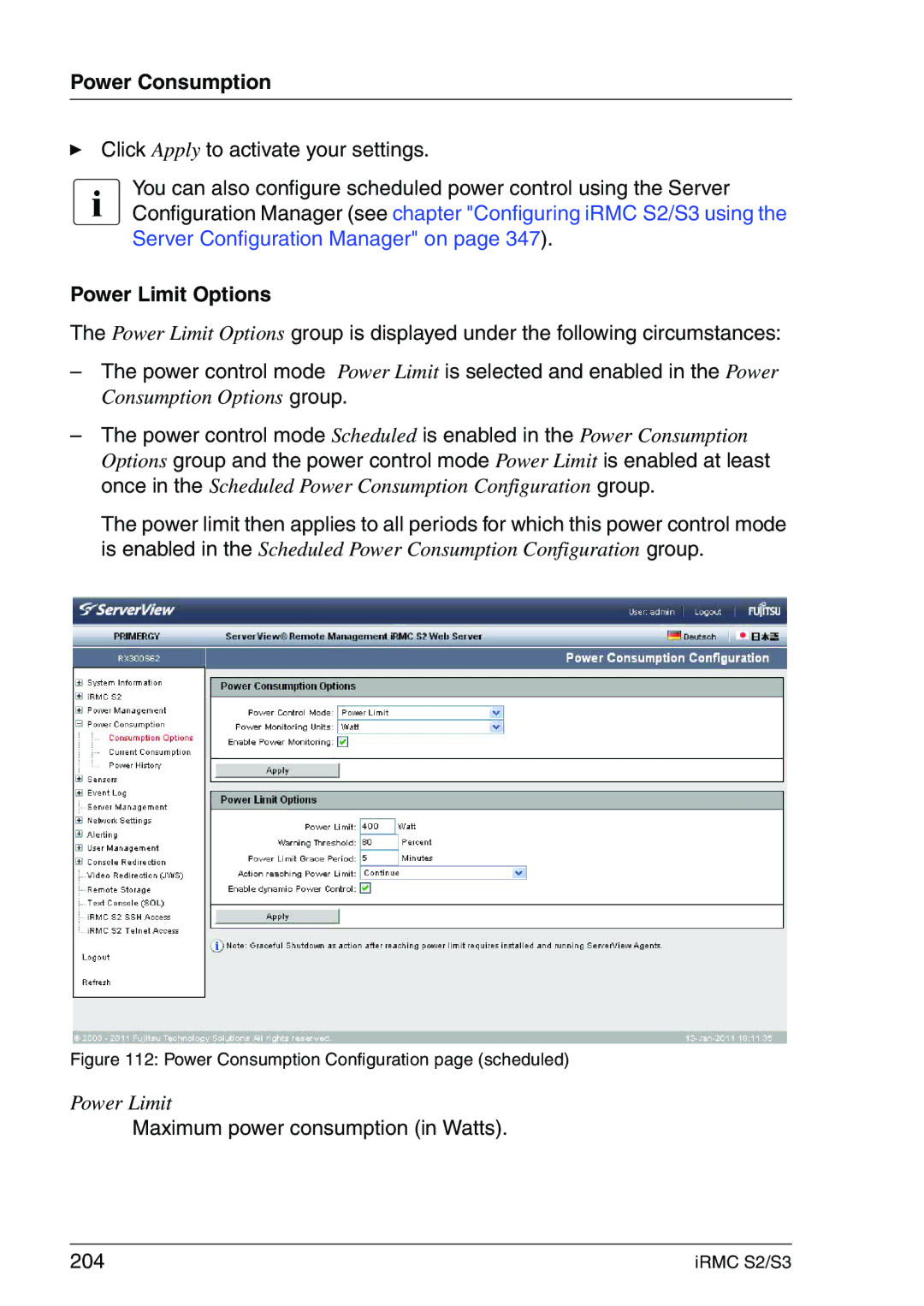 Fujitsu IRMC S2/S3 manual Power Limit Options, Maximum power consumption in Watts 204 