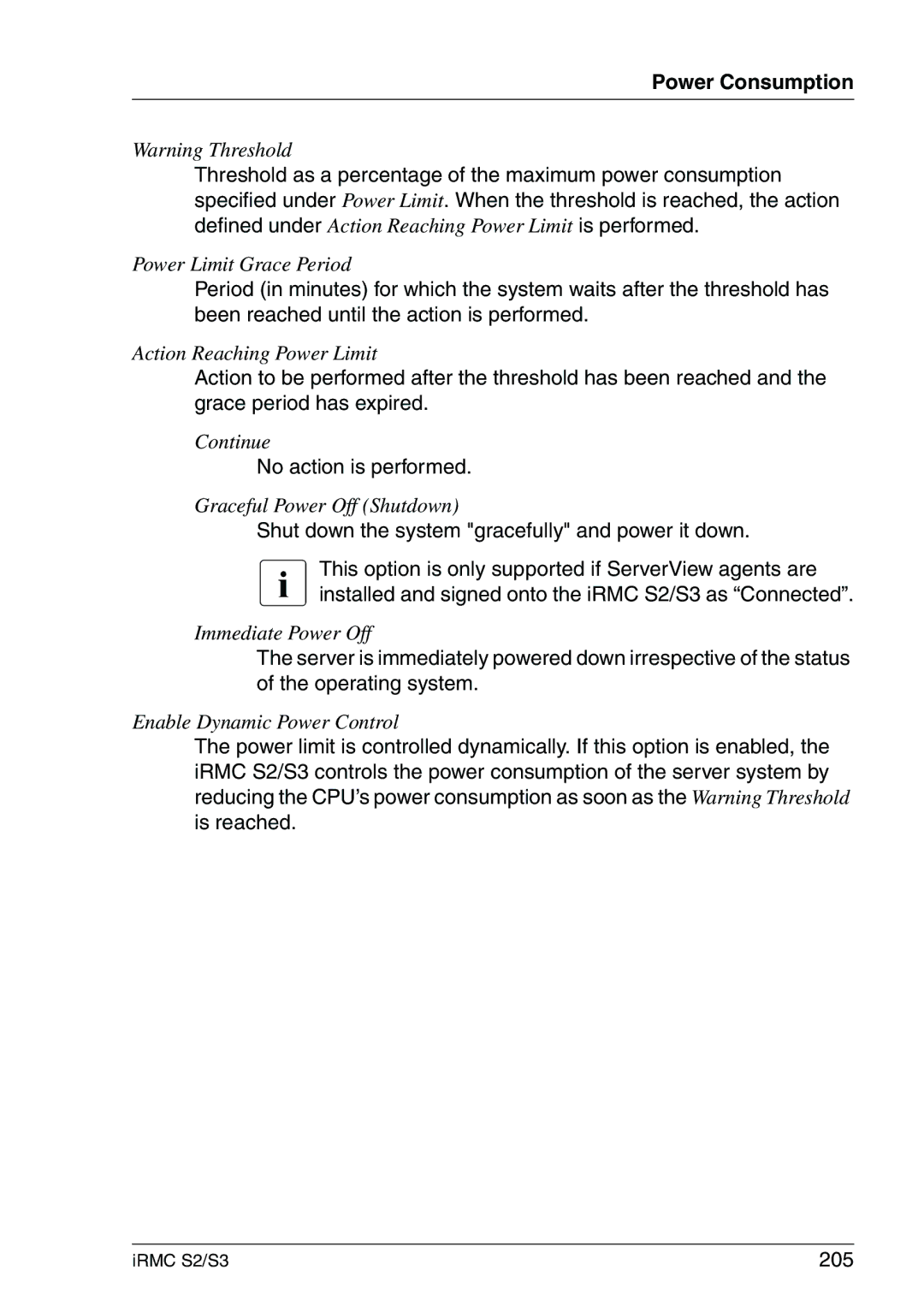 Fujitsu IRMC S2/S3 manual No action is performed, Shut down the system gracefully and power it down, 205 