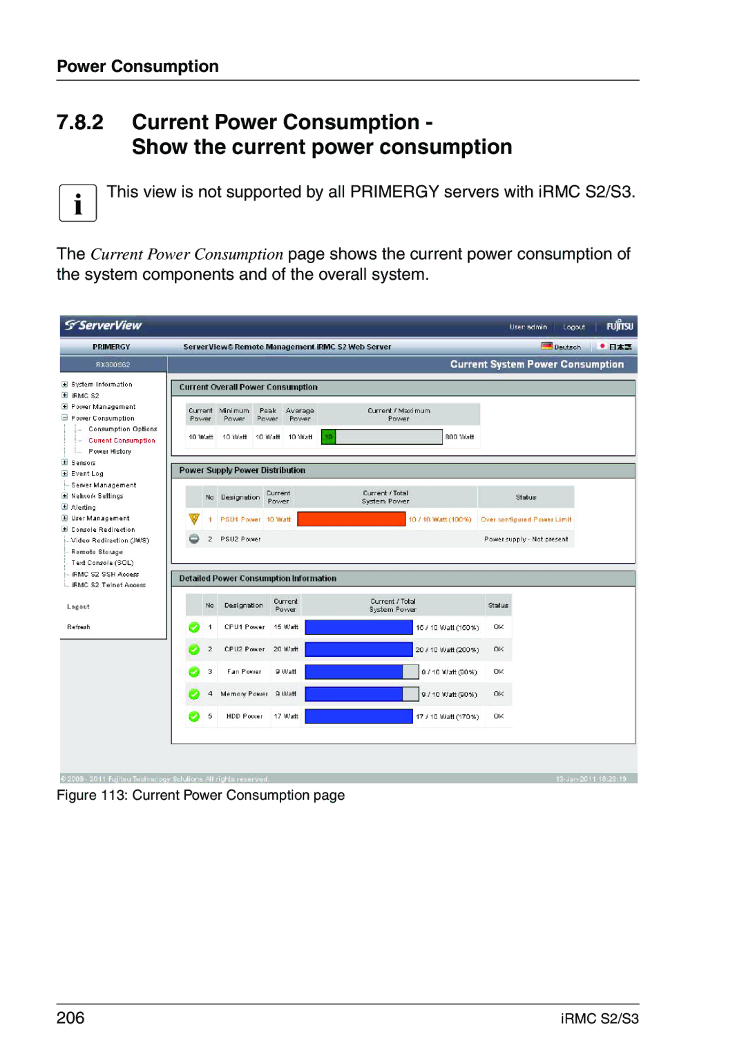 Fujitsu IRMC S2/S3 manual Current Power Consumption Show the current power consumption, 206 